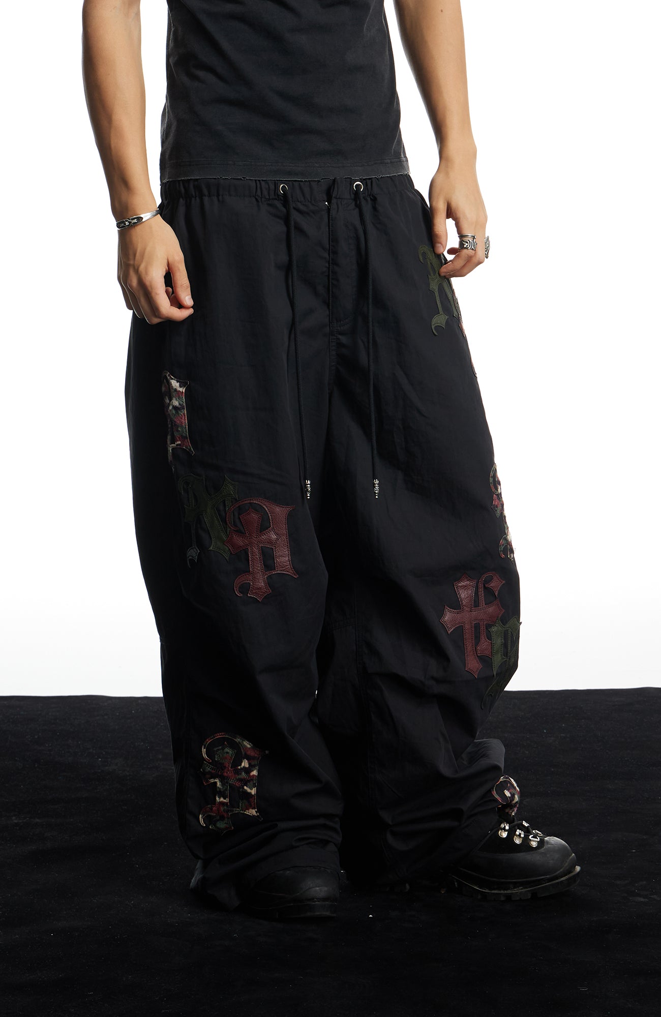 DND4DES Gothic Cross Patch Parachute Pants