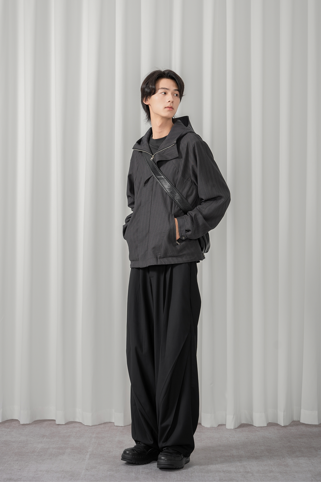 MOITIEDEPETALE Striped Magnetic-Front Hooded Coat