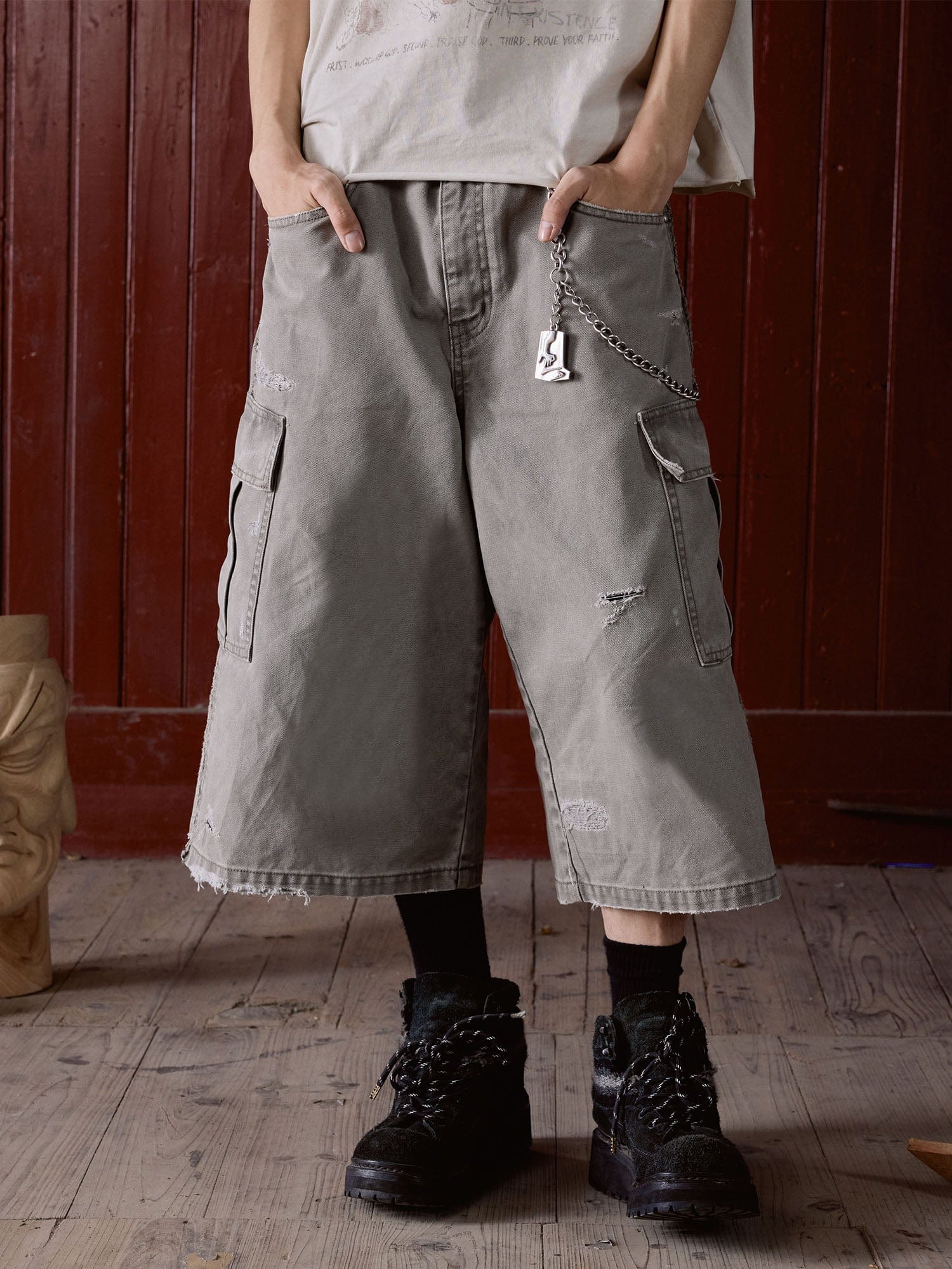 IN EXISTENCE Distressed Multi-Pocket Straight-Leg Cargo Shorts, premium urban and streetwear designers apparel on PROJECTISR.com, IN EXISTENCE