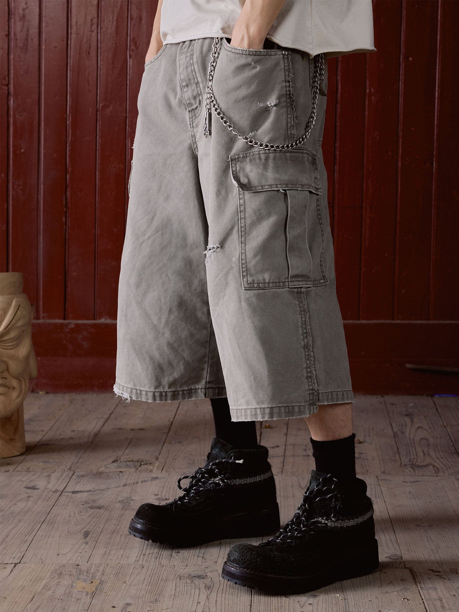 IN EXISTENCE Distressed Multi-Pocket Straight-Leg Cargo Shorts, premium urban and streetwear designers apparel on PROJECTISR.com, IN EXISTENCE