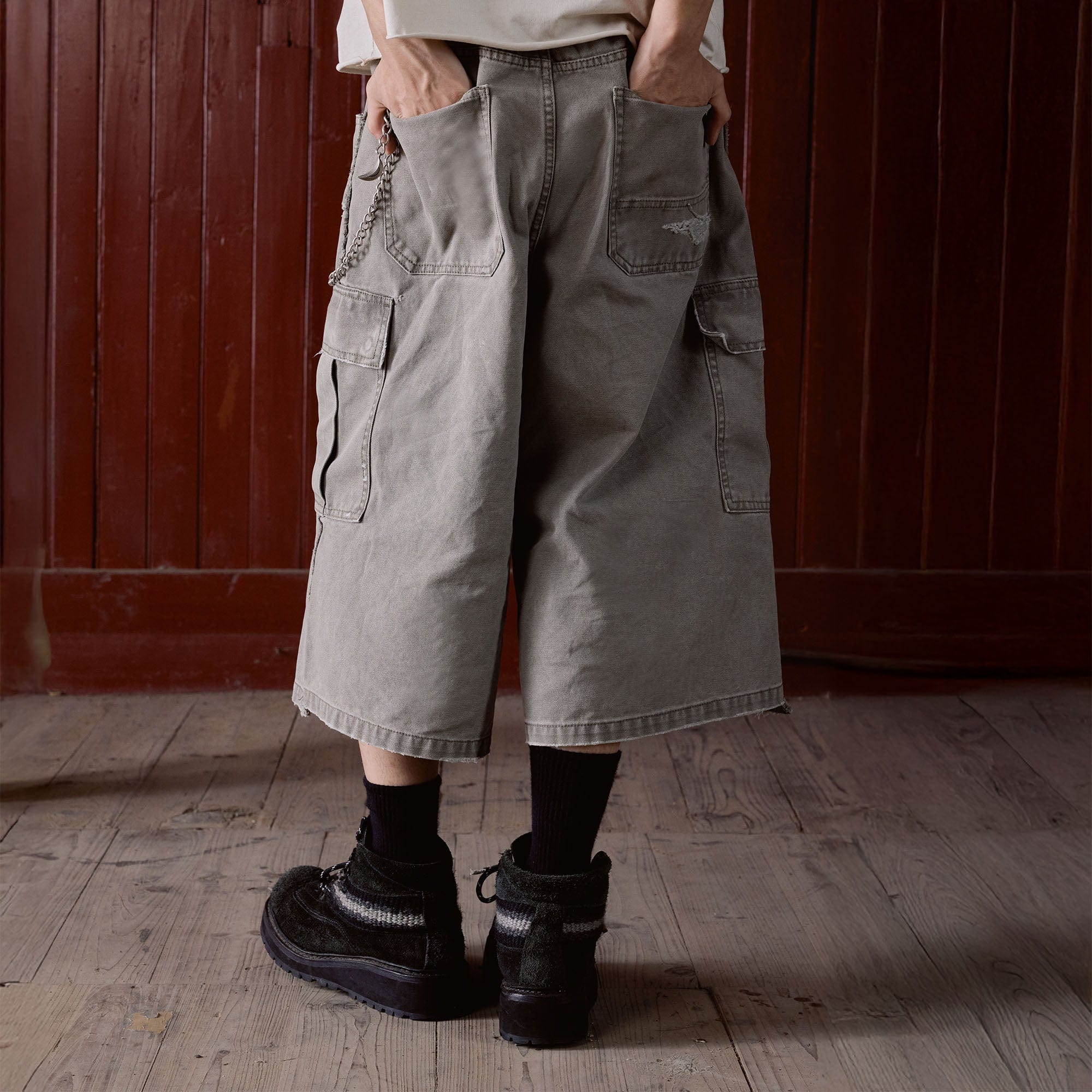 IN EXISTENCE Distressed Multi-Pocket Straight-Leg Cargo Shorts, premium urban and streetwear designers apparel on PROJECTISR.com, IN EXISTENCE