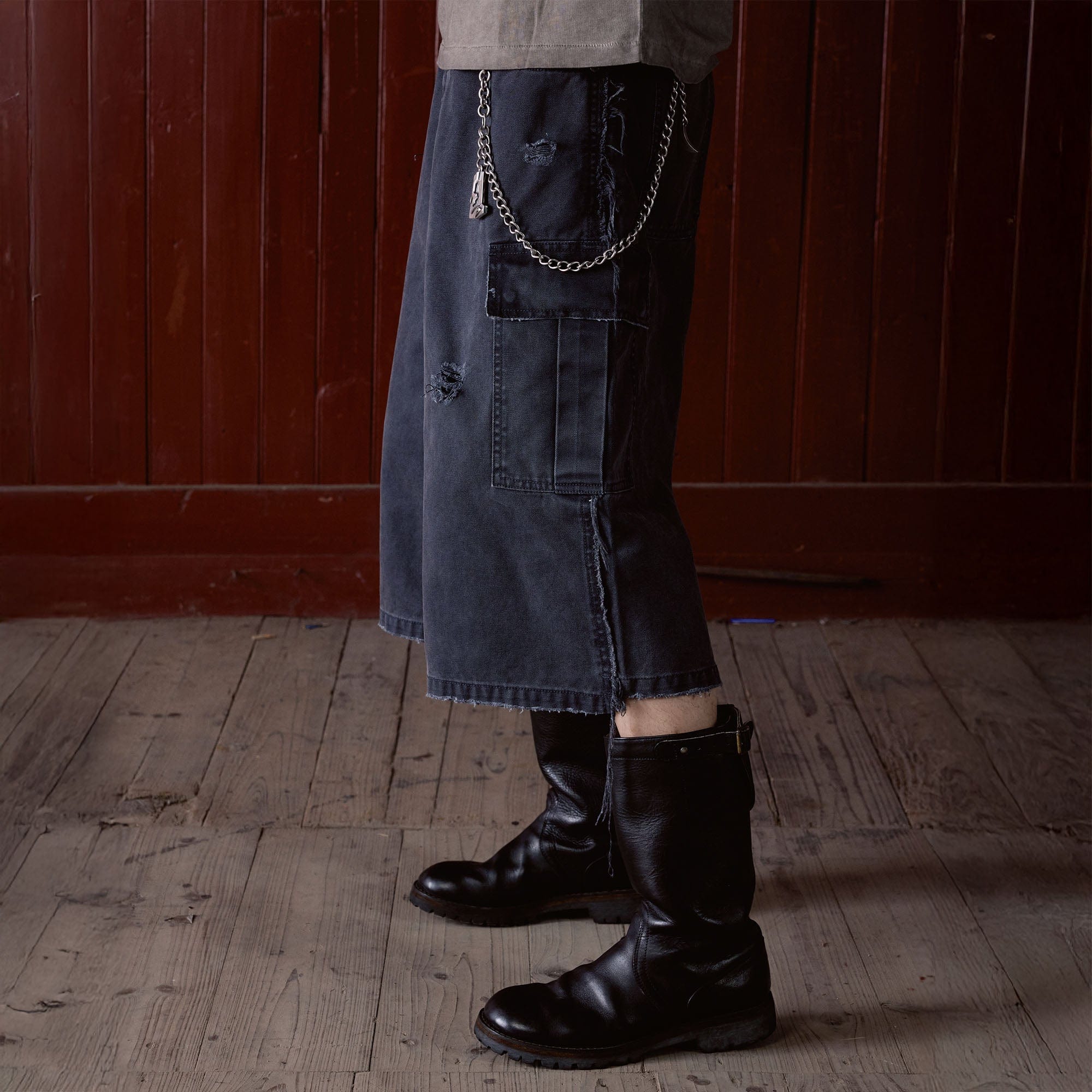 IN EXISTENCE Distressed Multi-Pocket Straight-Leg Cargo Shorts, premium urban and streetwear designers apparel on PROJECTISR.com, IN EXISTENCE