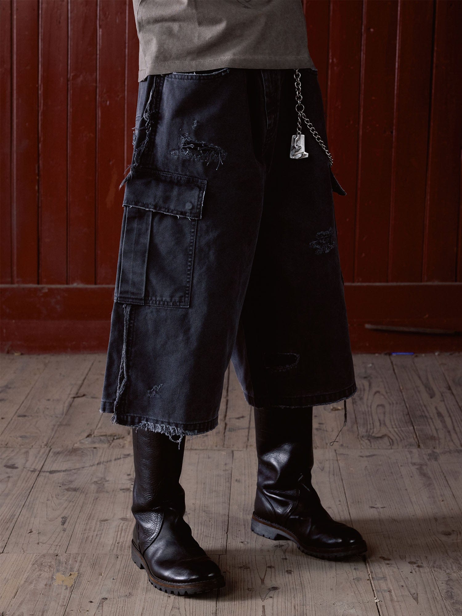 IN EXISTENCE Distressed Multi-Pocket Straight-Leg Cargo Shorts, premium urban and streetwear designers apparel on PROJECTISR.com, IN EXISTENCE