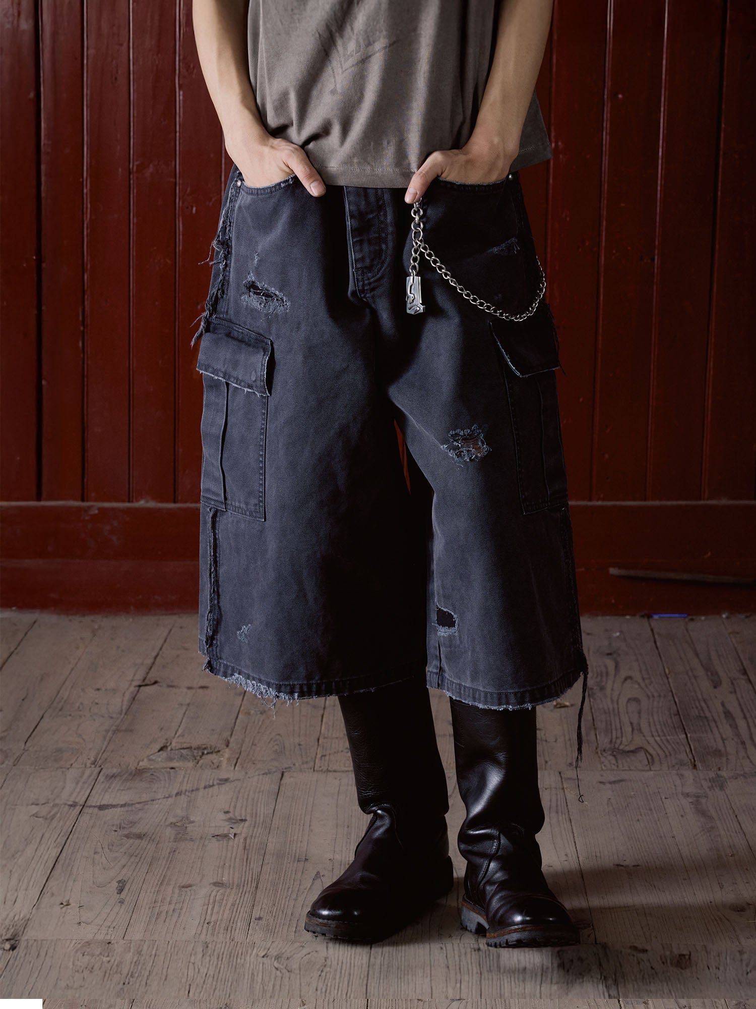 IN EXISTENCE Distressed Multi-Pocket Straight-Leg Cargo Shorts, premium urban and streetwear designers apparel on PROJECTISR.com, IN EXISTENCE