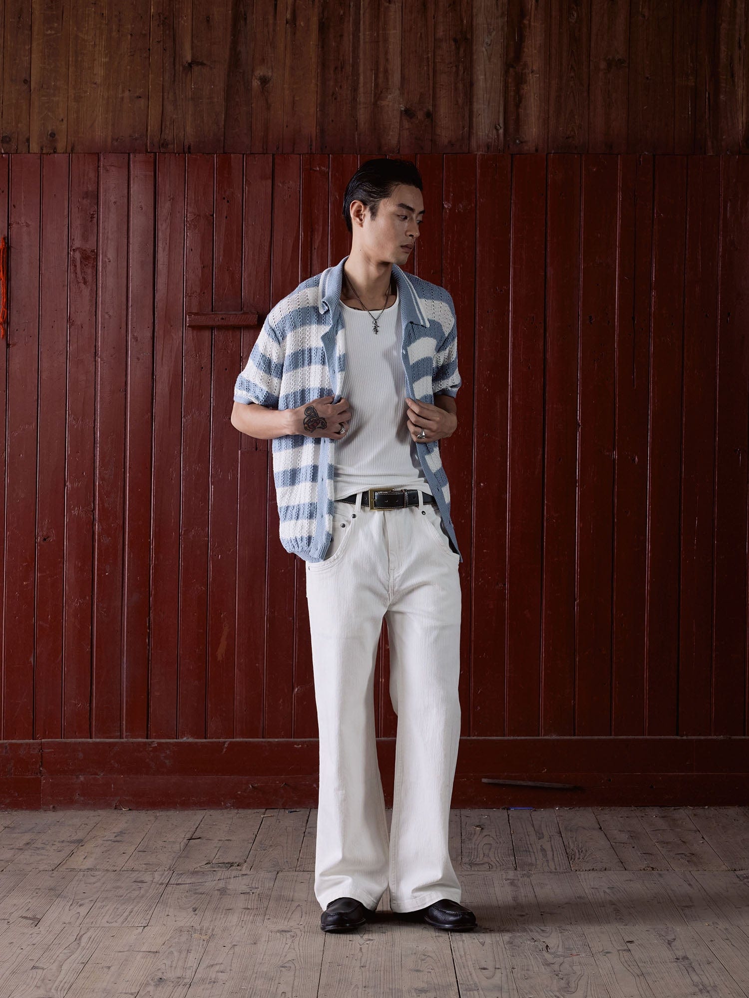 IN EXISTENCE Striped Openwork Jacquard Knitted Polo Cardigan, premium urban and streetwear designers apparel on PROJECTISR.com, IN EXISTENCE