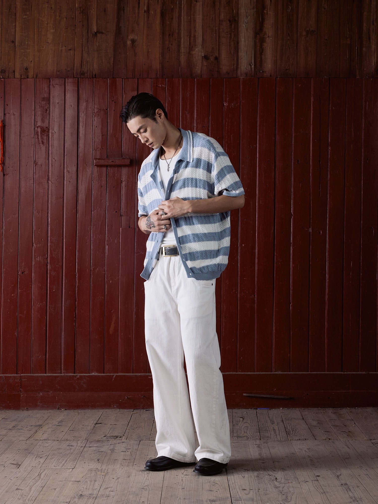 IN EXISTENCE Striped Openwork Jacquard Knitted Polo Cardigan, premium urban and streetwear designers apparel on PROJECTISR.com, IN EXISTENCE