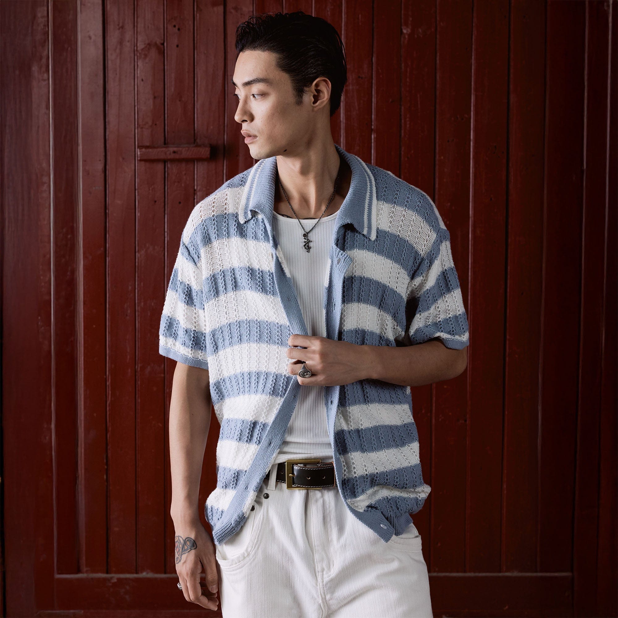 IN EXISTENCE Striped Openwork Jacquard Knitted Polo Cardigan, premium urban and streetwear designers apparel on PROJECTISR.com, IN EXISTENCE