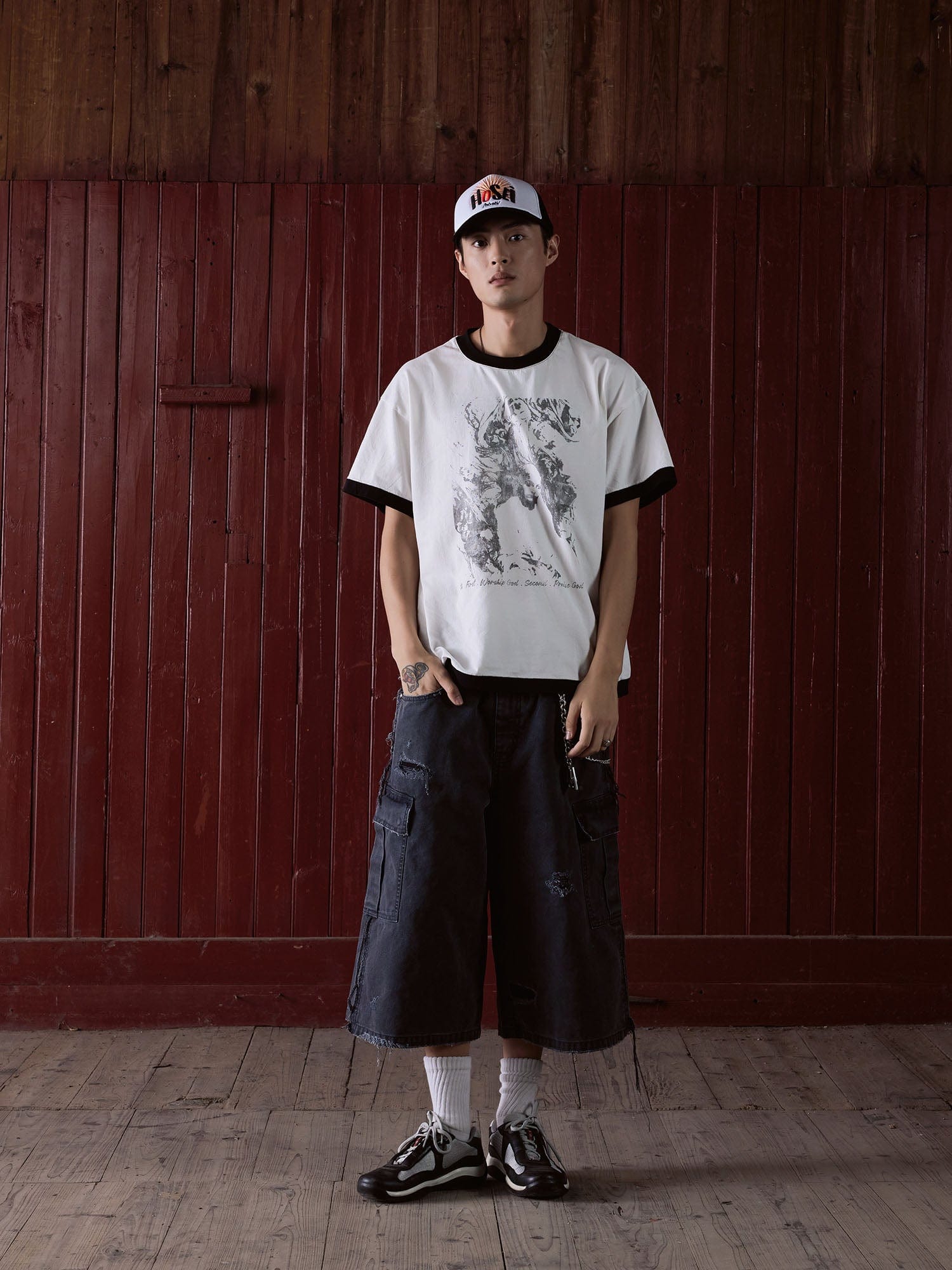 IN EXISTENCE Distressed Multi-Pocket Straight-Leg Cargo Shorts, premium urban and streetwear designers apparel on PROJECTISR.com, IN EXISTENCE