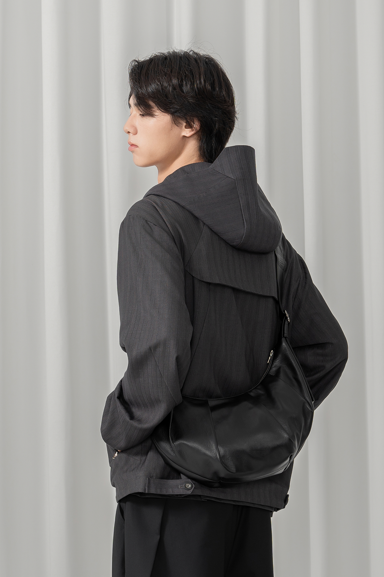 MOITIEDEPETALE Striped Magnetic-Front Hooded Coat