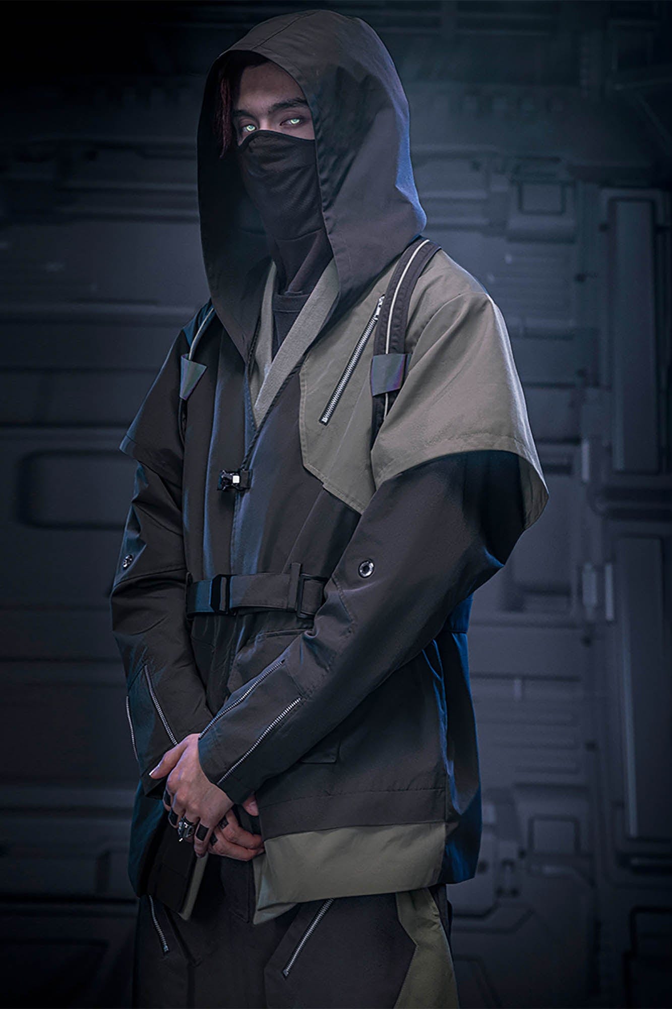 XIPHEVIL Layered Wrap-Front Hooded Trench Coat, premium urban and streetwear designers apparel on PROJECTISR.com, XIPHEVIL