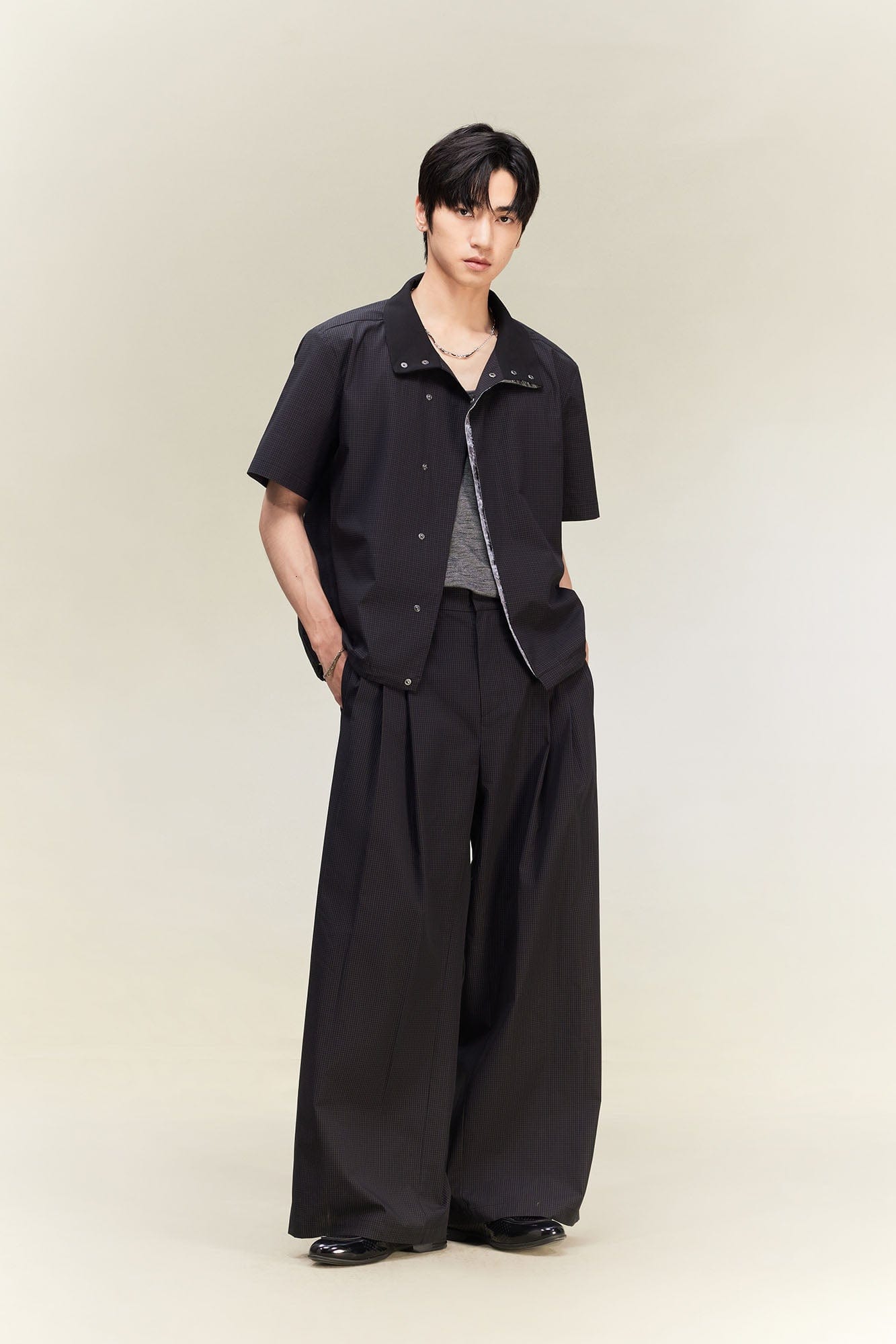 ALVNG AR ANTS Asymmetrical Snap Placket Mini Check Half Shirt, premium urban and streetwear designers apparel on PROJECTISR.com, ALVNG AR ANTS