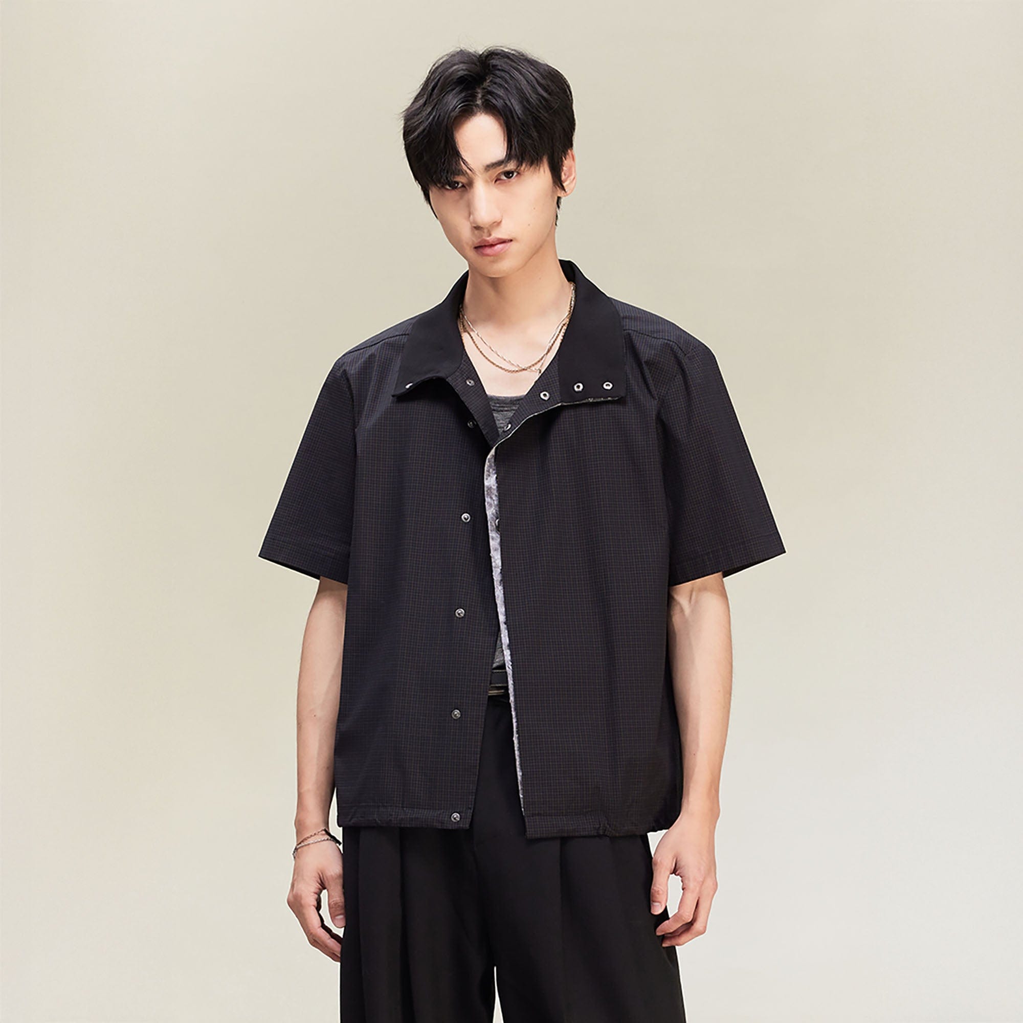 ALVNG AR ANTS Asymmetrical Snap Placket Mini Check Half Shirt, premium urban and streetwear designers apparel on PROJECTISR.com, ALVNG AR ANTS