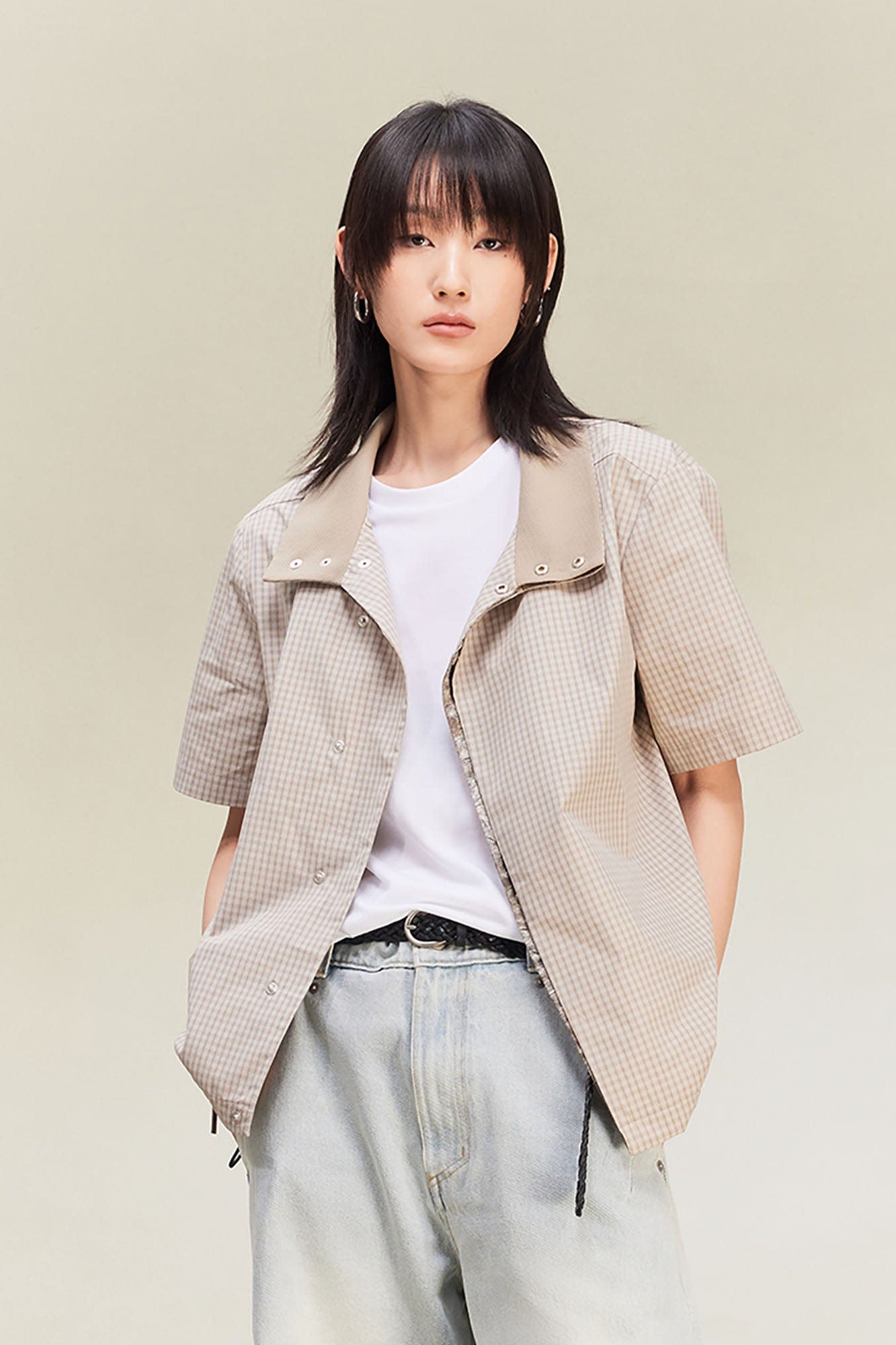 ALVNG AR ANTS Asymmetrical Snap Placket Mini Check Half Shirt, premium urban and streetwear designers apparel on PROJECTISR.com, ALVNG AR ANTS