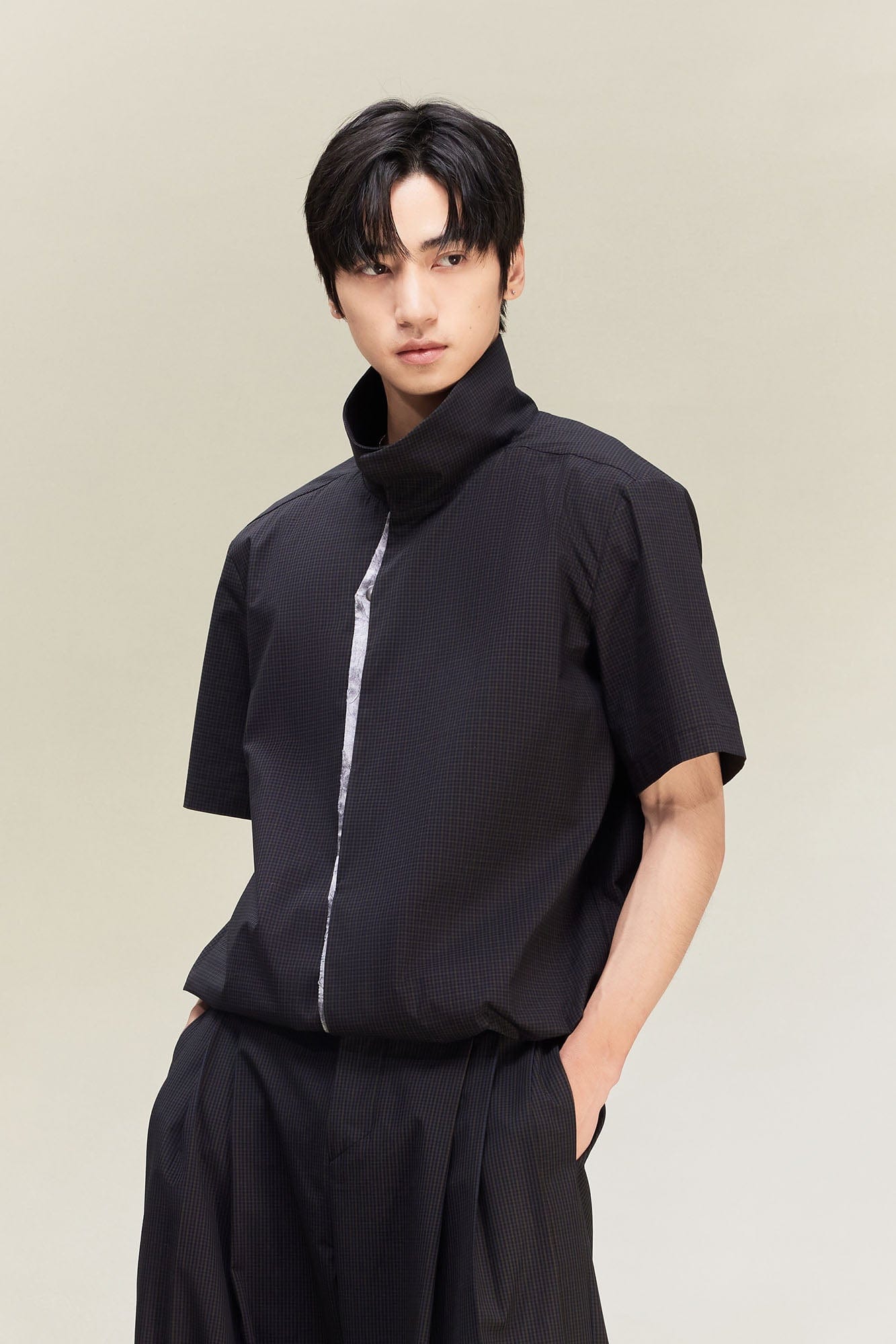 ALVNG AR ANTS Asymmetrical Snap Placket Mini Check Half Shirt, premium urban and streetwear designers apparel on PROJECTISR.com, ALVNG AR ANTS