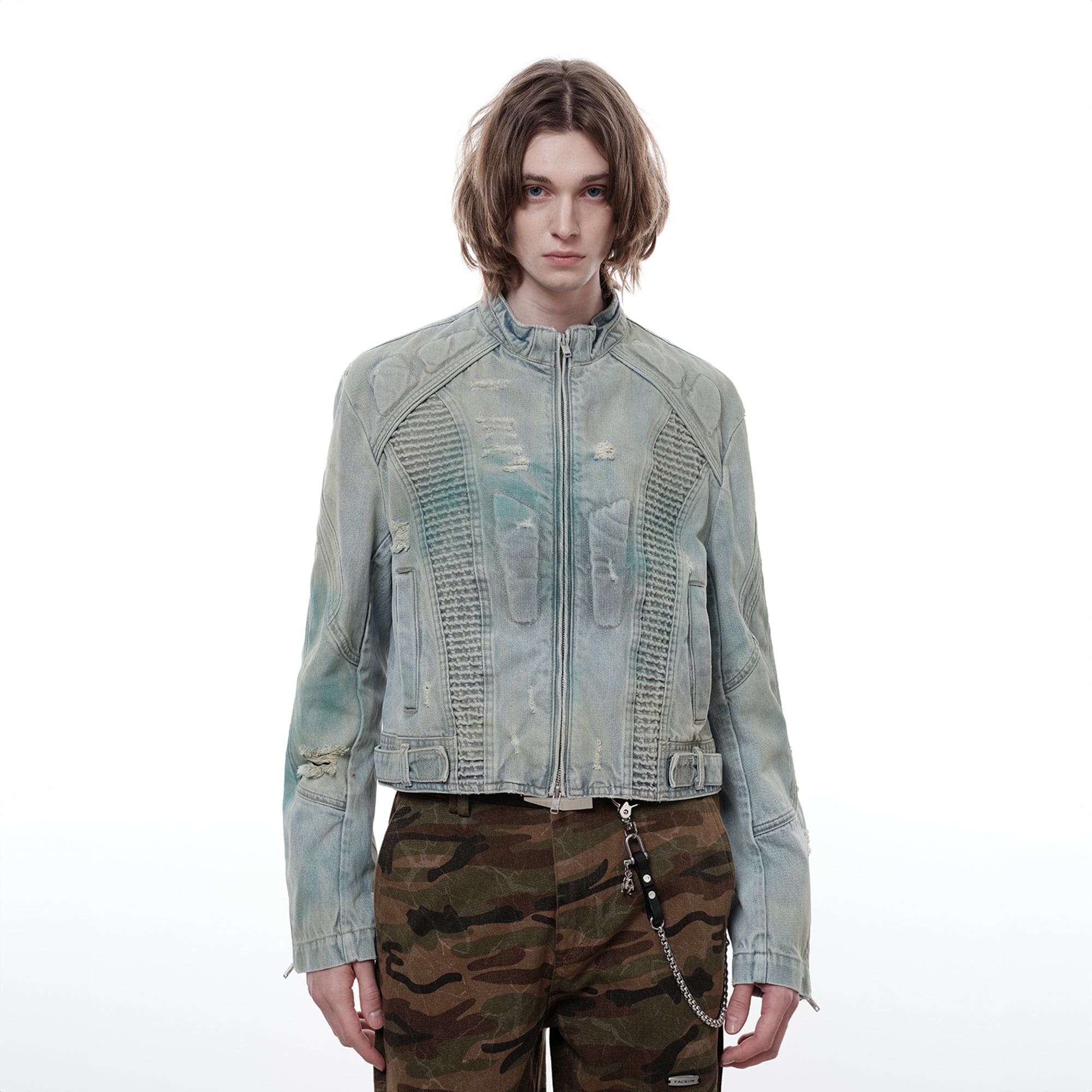 FACEONLAB Distressed Tie-Dye Ripped Biker Denim Jacket Blue, premium urban and streetwear designers apparel on PROJECTISR.com, FACEONLAB