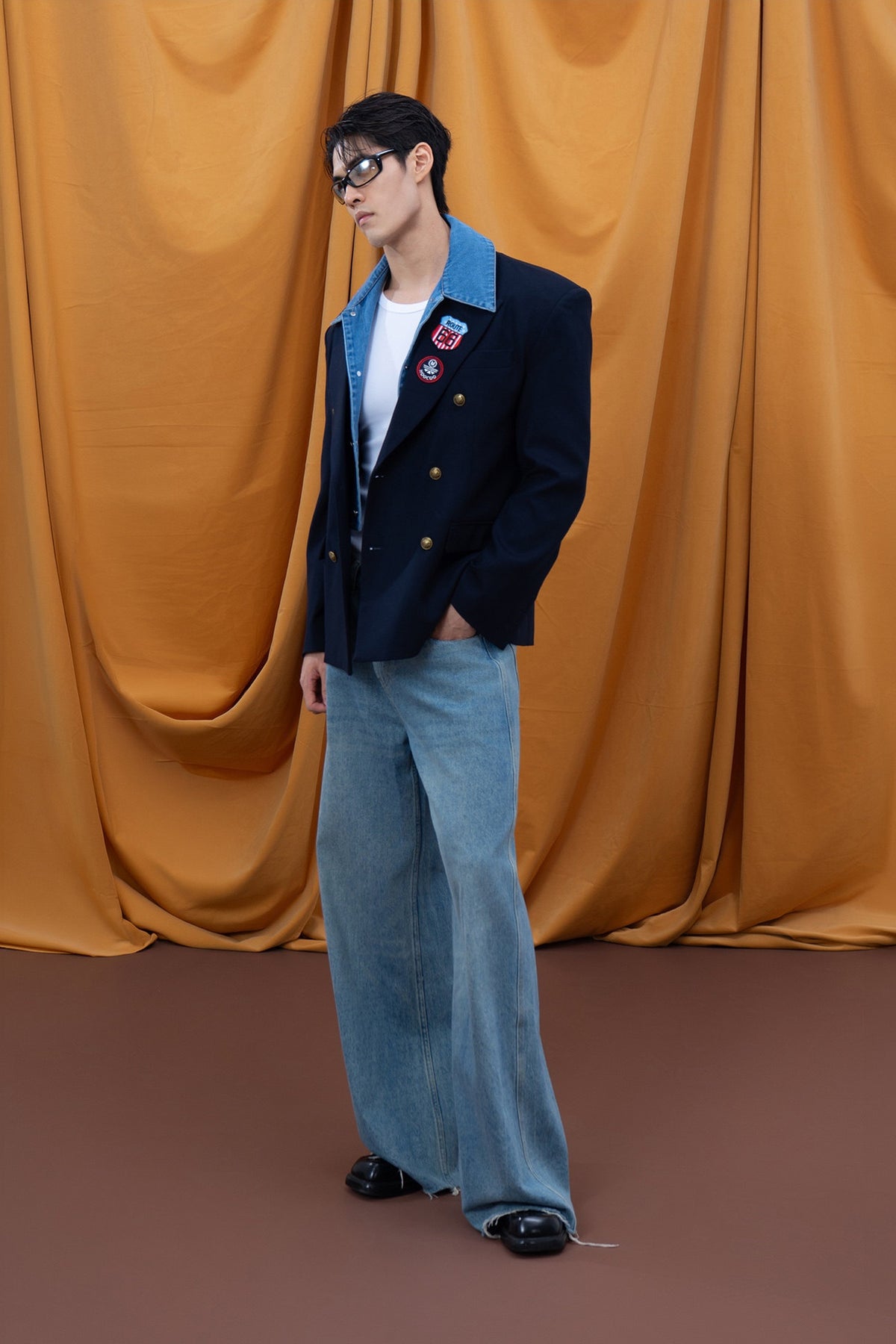 CLP Retro Denim-Collar Layered Blazer — full body