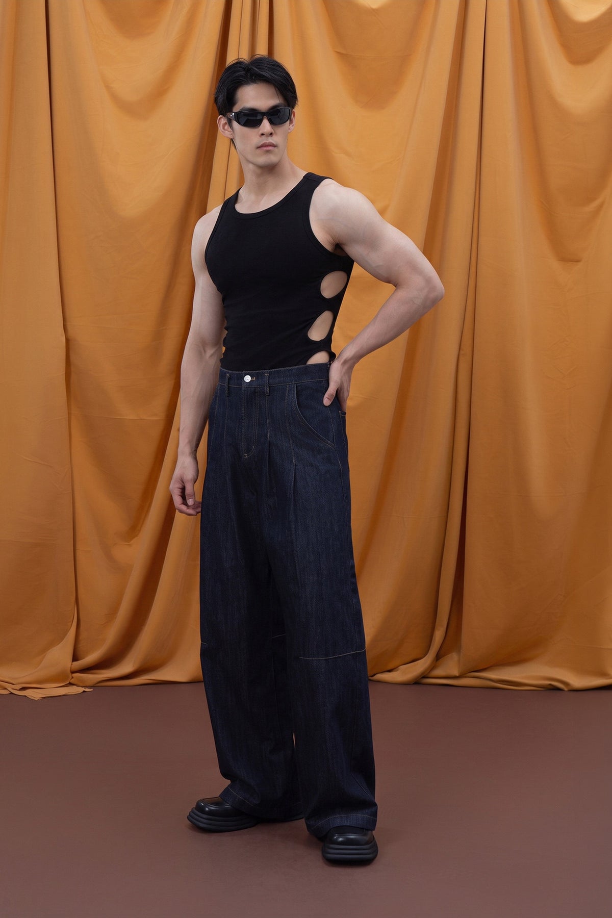 CLP Pleated Washed Wide-Leg Jeans — full body