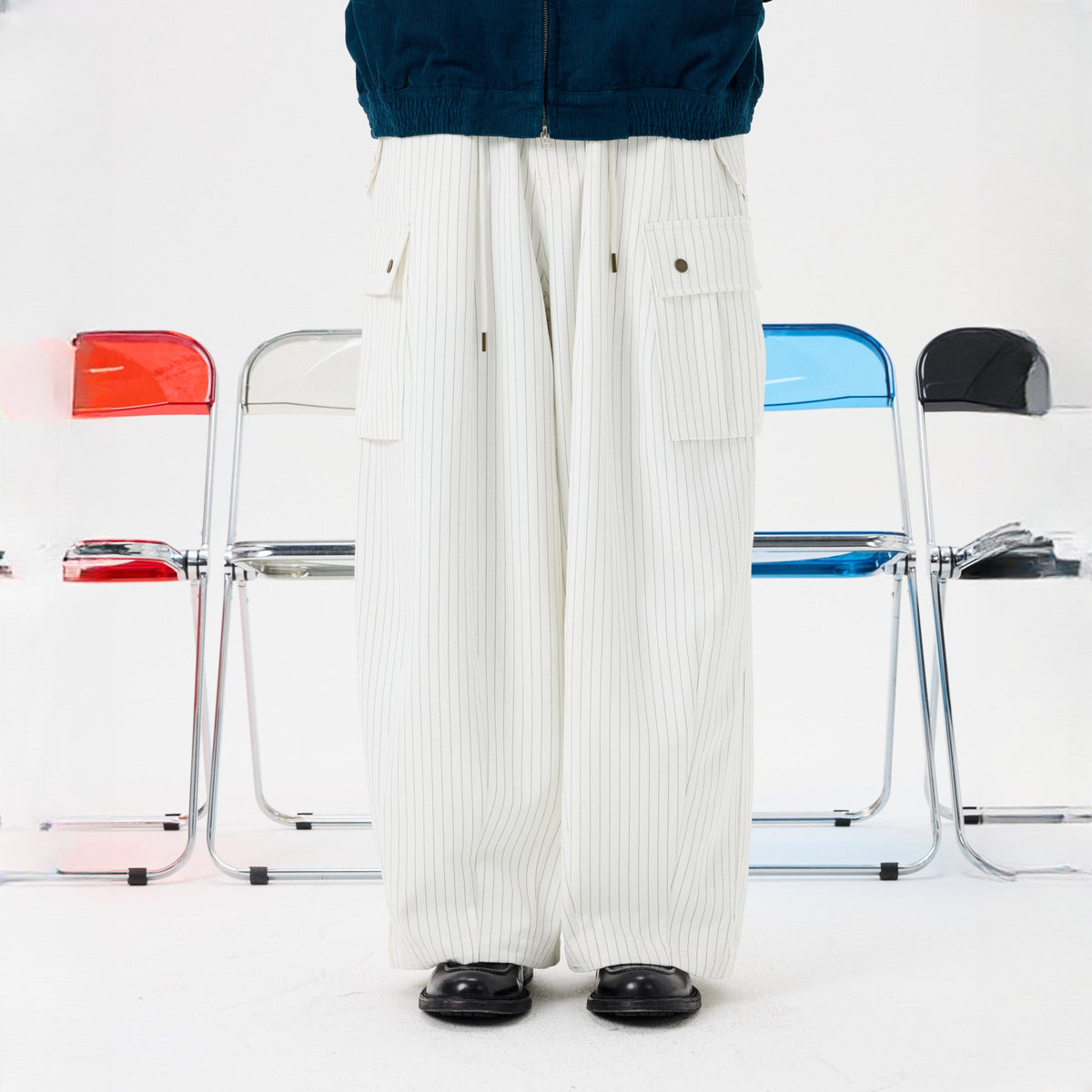 UNLIMITED MOTE Striped Drawstring Balloon Wide-Leg Cargo Pants — square · front · White