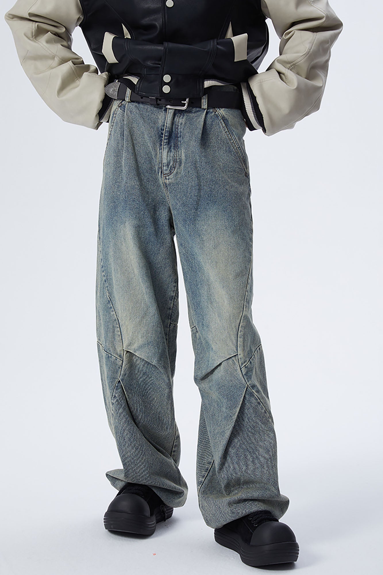 ERROR CODE ROBOT Washed Curved Pleated- Knee Jeans, premium urban and streetwear designers apparel on PROJECTISR.com, ERROR CODE ROBOT