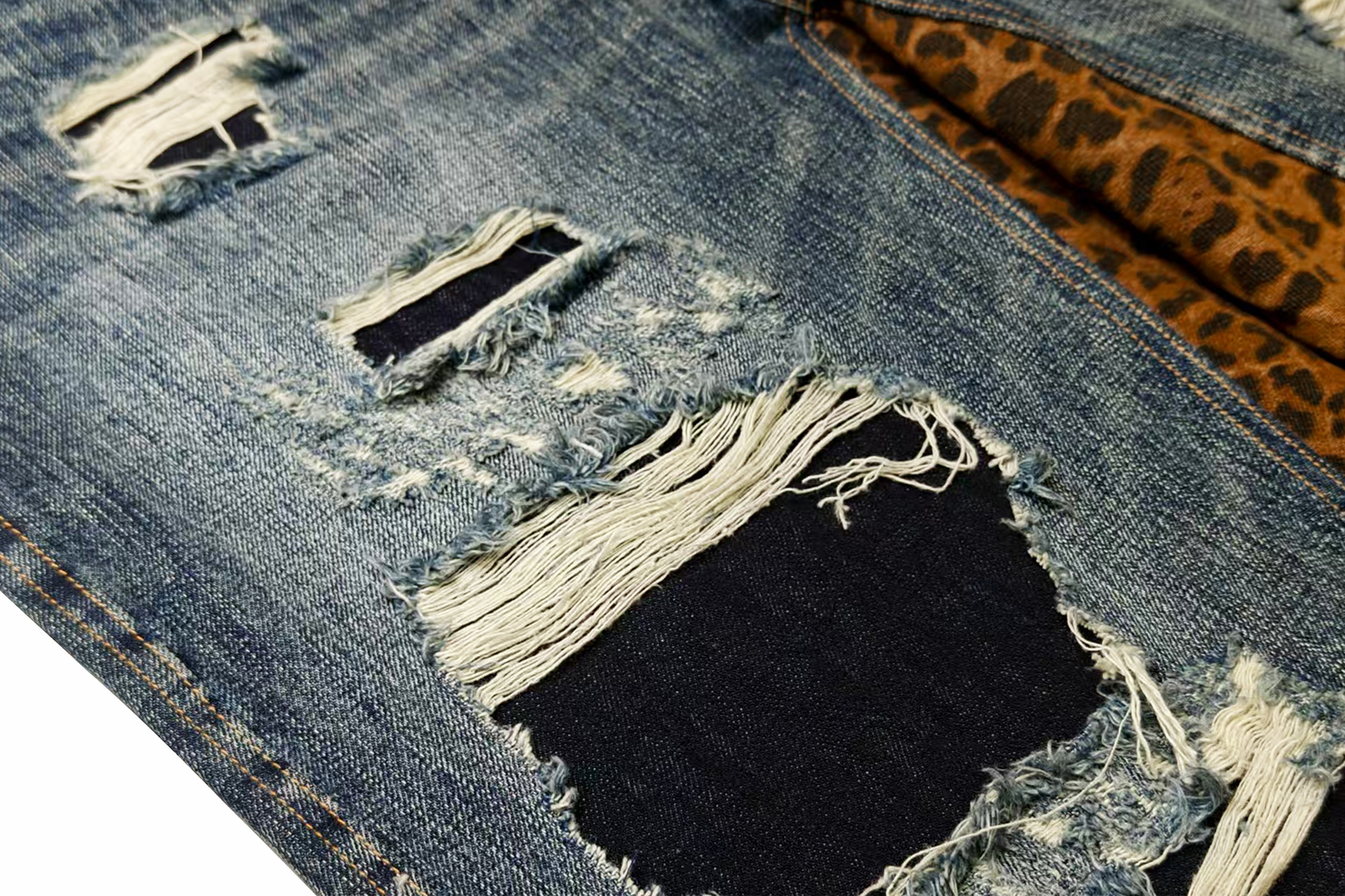 FACEONLAB Distressed Patch Leopard Paneled Jeans, premium urban and streetwear designers apparel on PROJECTISR.com, FACEONLAB
