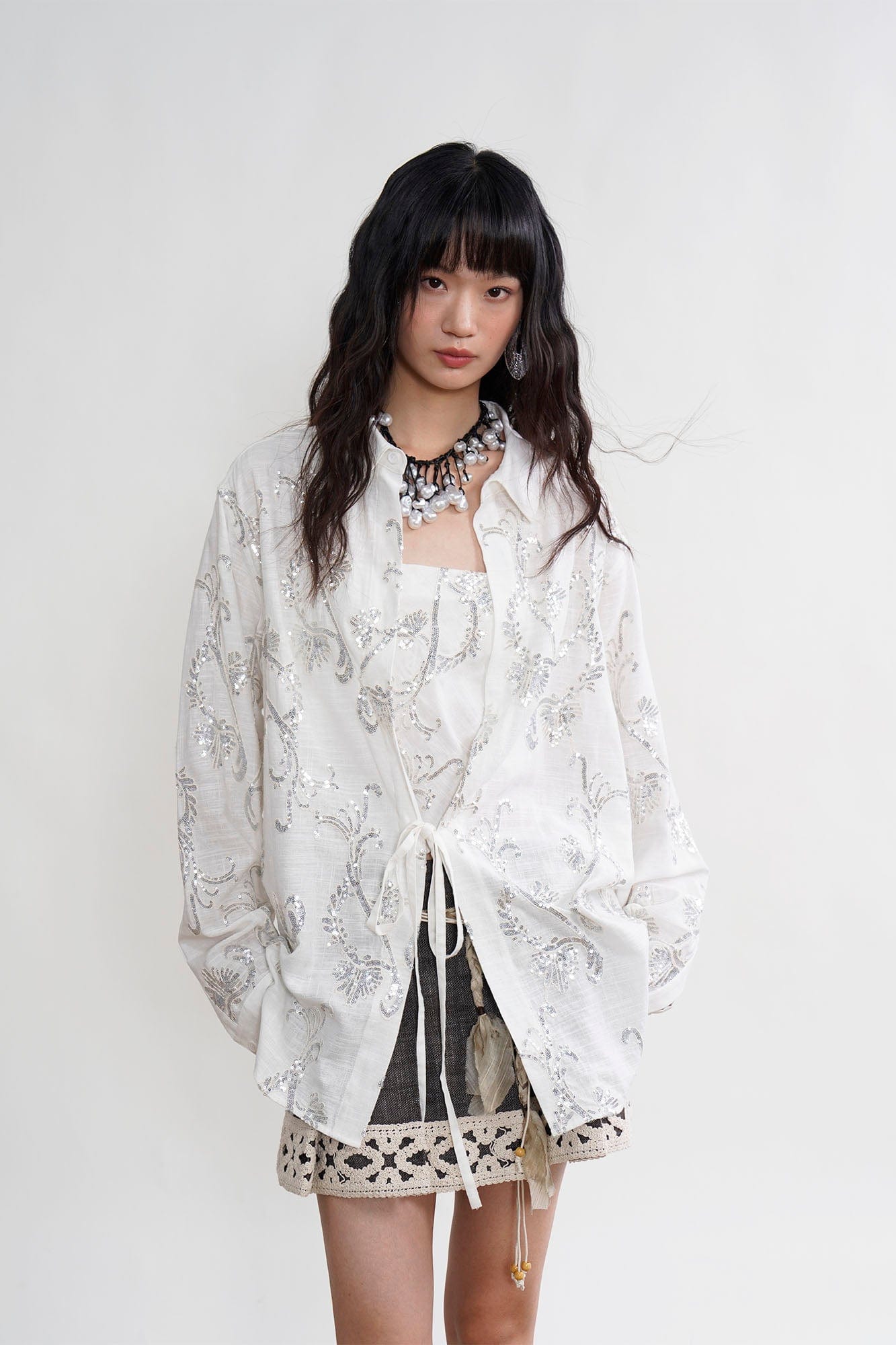 ORAL UTOPIA Ornate Sequin Embroidered Linen-Blended Tie Shirt, premium urban and streetwear designers apparel on PROJECTISR.com, ORAL UTOPIA