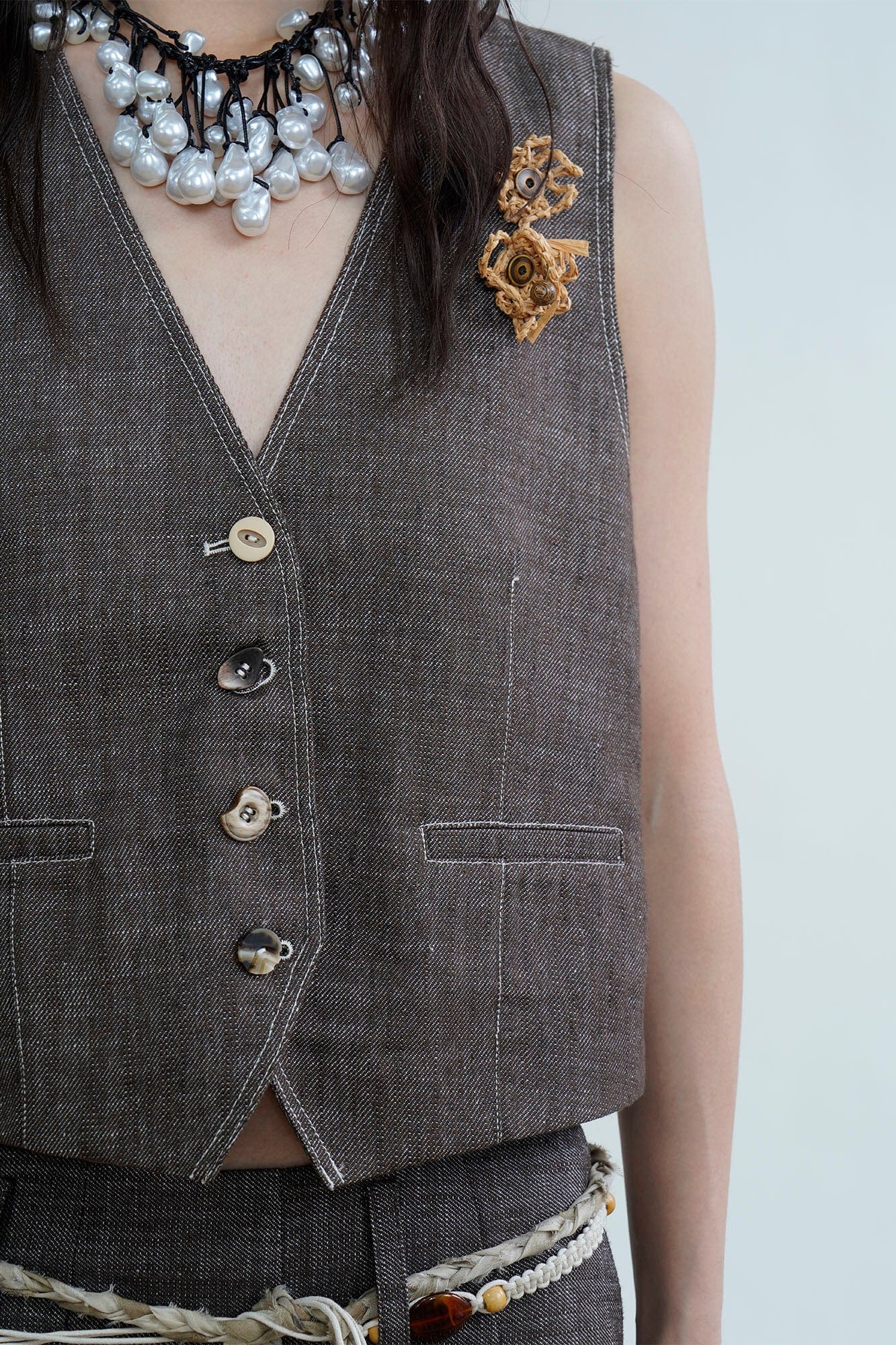 ORAL UTOPIA Stitch Linen-Blend Mismatched Button Vest, premium urban and streetwear designers apparel on PROJECTISR.com, ORAL UTOPIA