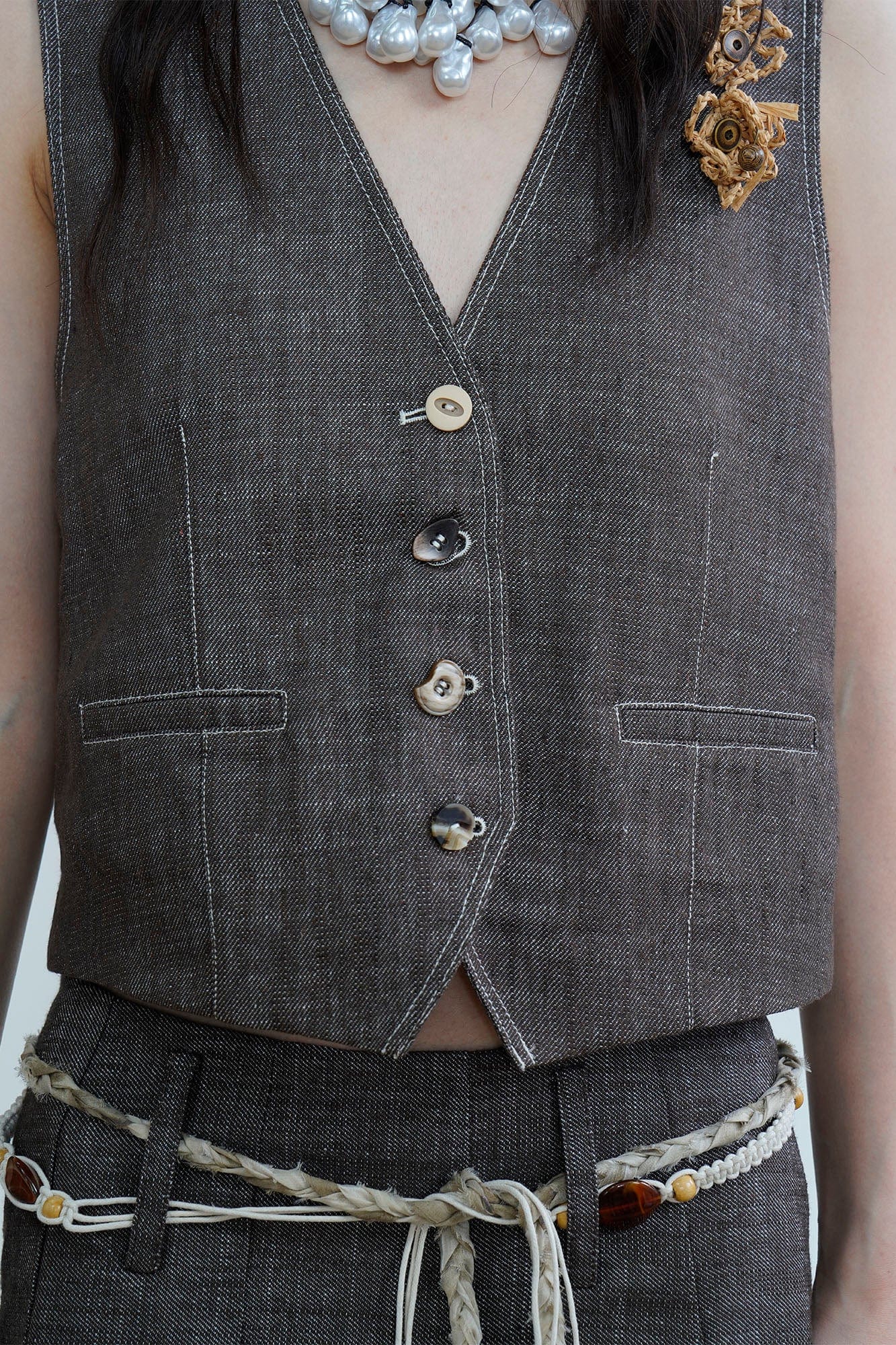 ORAL UTOPIA Stitch Linen-Blend Mismatched Button Vest, premium urban and streetwear designers apparel on PROJECTISR.com, ORAL UTOPIA