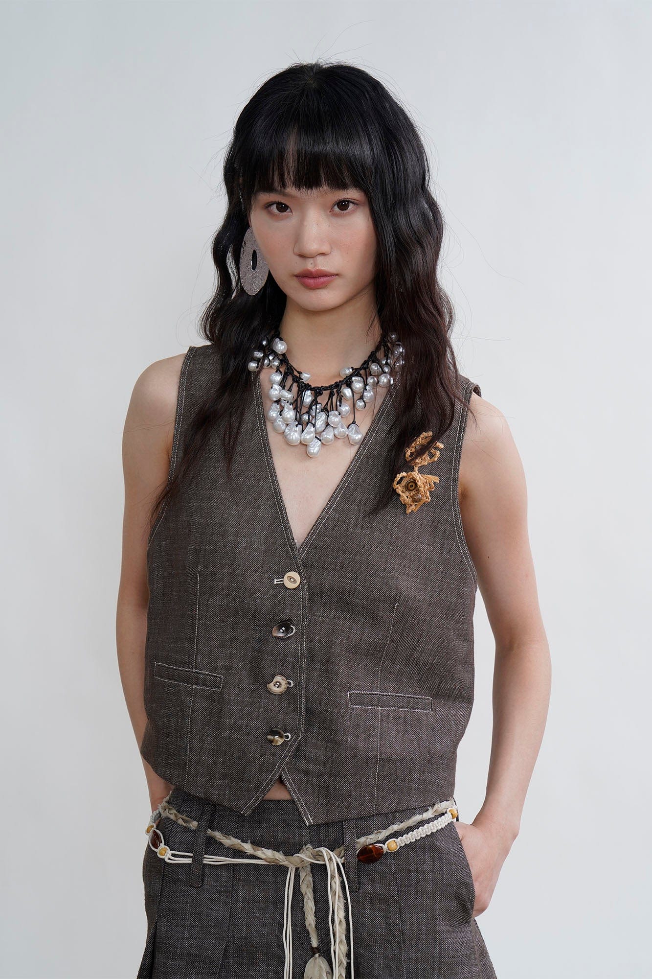 ORAL UTOPIA Stitch Linen-Blend Mismatched Button Vest, premium urban and streetwear designers apparel on PROJECTISR.com, ORAL UTOPIA