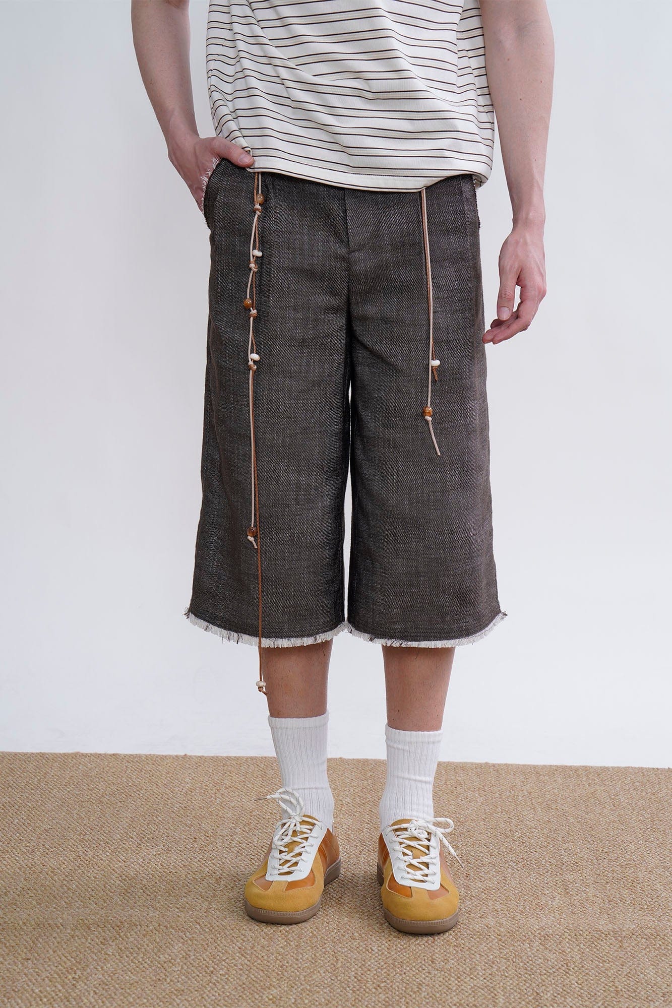 ORAL UTOPIA Fringed Beaded Drawstring Linen Blend Shorts, premium urban and streetwear designers apparel on PROJECTISR.com, ORAL UTOPIA