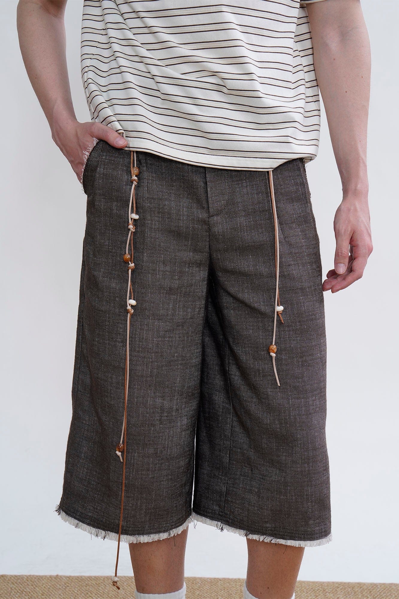ORAL UTOPIA Fringed Beaded Drawstring Linen Blend Shorts, premium urban and streetwear designers apparel on PROJECTISR.com, ORAL UTOPIA