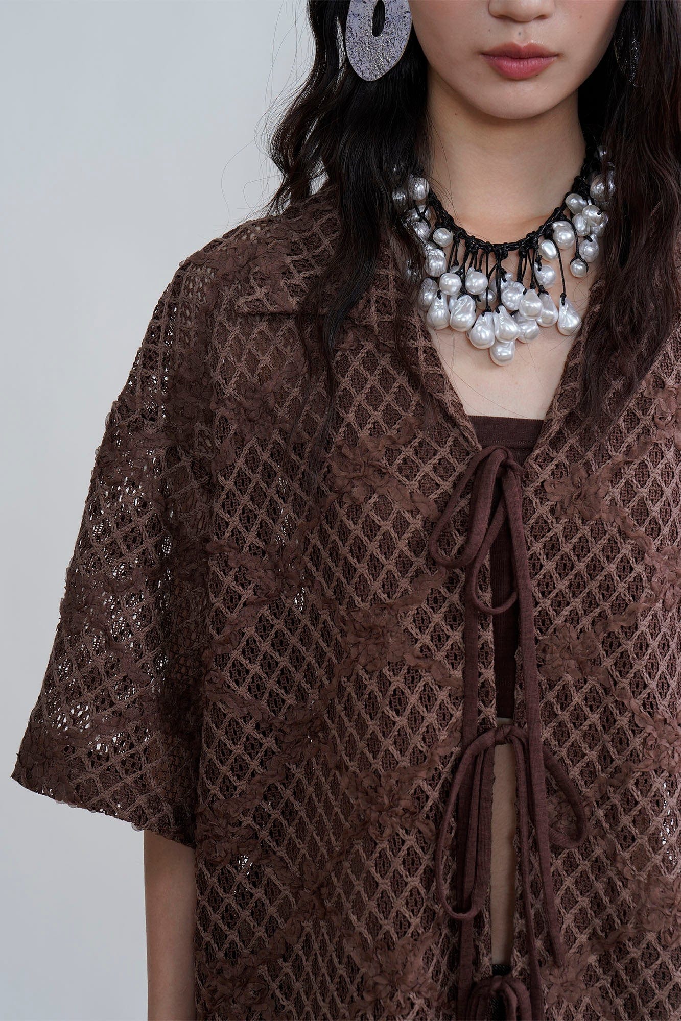 ORAL UTOPIA Crochet Tie-Front Sheer Cuban Half Shirt, premium urban and streetwear designers apparel on PROJECTISR.com, ORAL UTOPIA