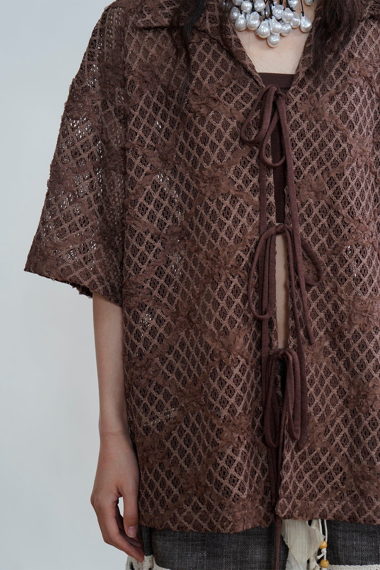 ORAL UTOPIA Crochet Tie-Front Sheer Cuban Half Shirt, premium urban and streetwear designers apparel on PROJECTISR.com, ORAL UTOPIA