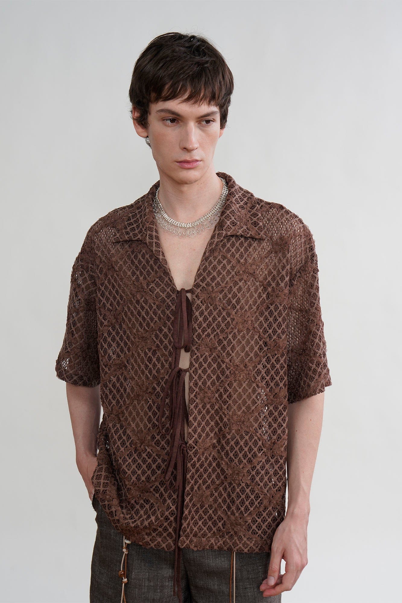 ORAL UTOPIA Crochet Tie-Front Sheer Cuban Half Shirt, premium urban and streetwear designers apparel on PROJECTISR.com, ORAL UTOPIA