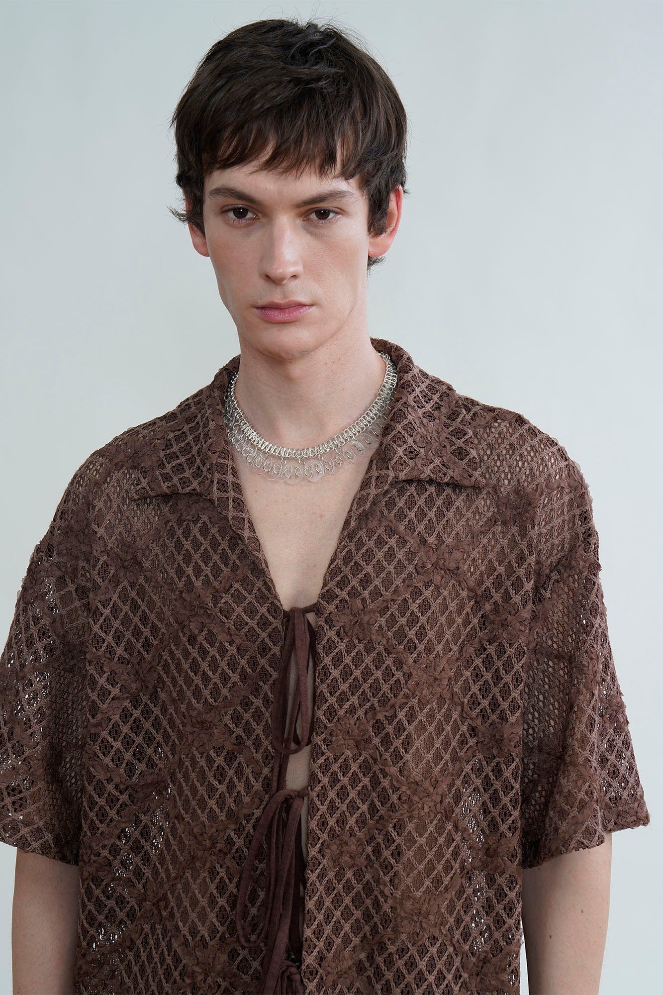 ORAL UTOPIA Crochet Tie-Front Sheer Cuban Half Shirt, premium urban and streetwear designers apparel on PROJECTISR.com, ORAL UTOPIA
