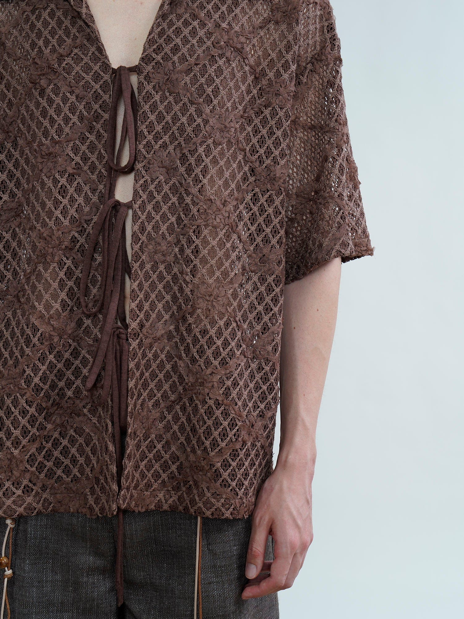 ORAL UTOPIA Crochet Tie-Front Sheer Cuban Half Shirt, premium urban and streetwear designers apparel on PROJECTISR.com, ORAL UTOPIA