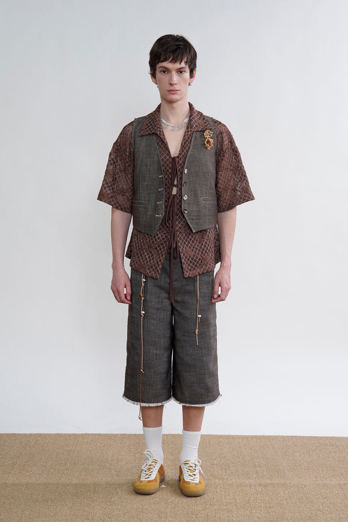 ORAL UTOPIA Fringed Beaded Drawstring Linen Blend Shorts, premium urban and streetwear designers apparel on PROJECTISR.com, ORAL UTOPIA
