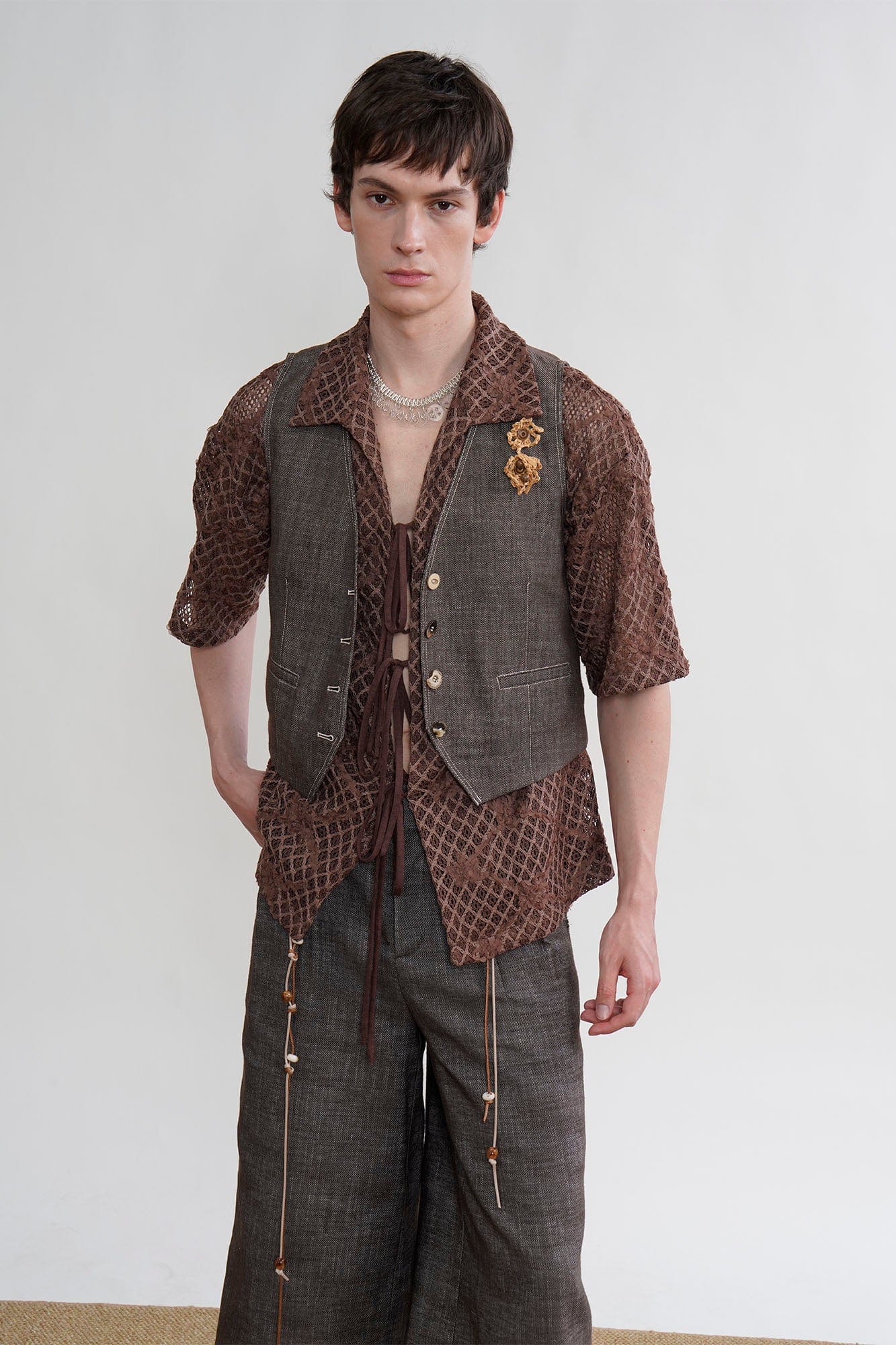 ORAL UTOPIA Stitch Linen-Blend Mismatched Button Vest, premium urban and streetwear designers apparel on PROJECTISR.com, ORAL UTOPIA