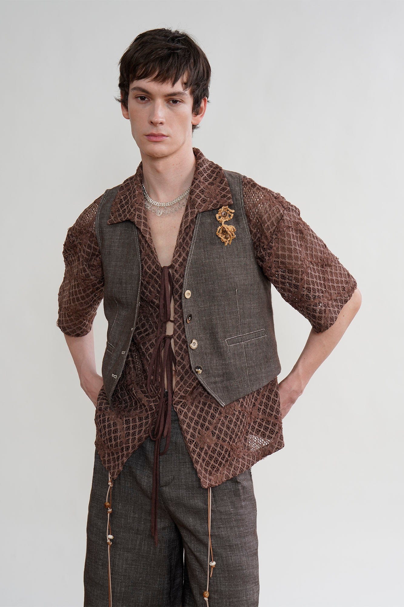 ORAL UTOPIA Stitch Linen-Blend Mismatched Button Vest, premium urban and streetwear designers apparel on PROJECTISR.com, ORAL UTOPIA