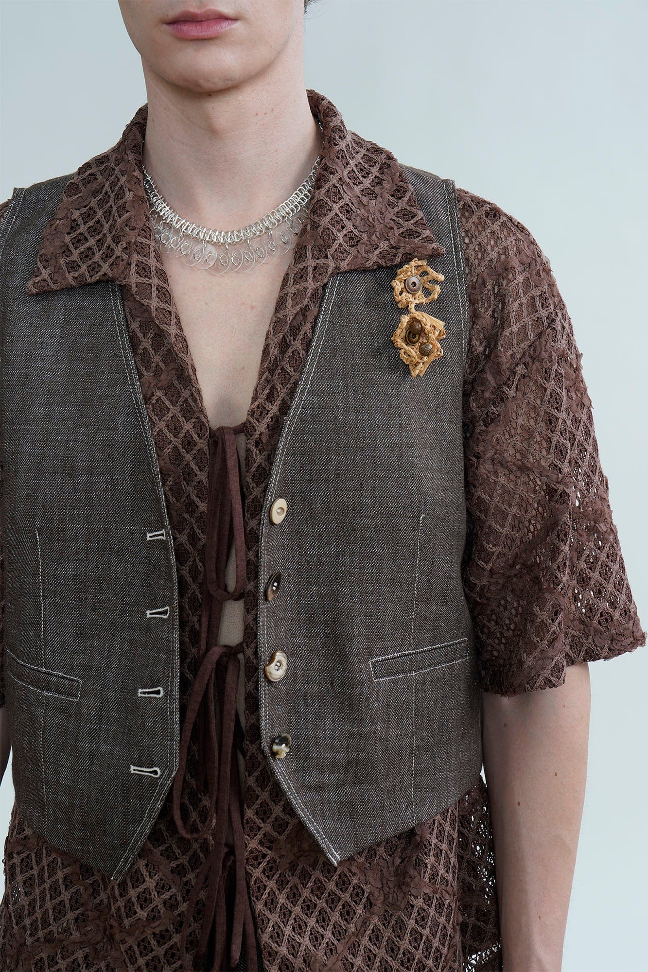 ORAL UTOPIA Stitch Linen-Blend Mismatched Button Vest, premium urban and streetwear designers apparel on PROJECTISR.com, ORAL UTOPIA
