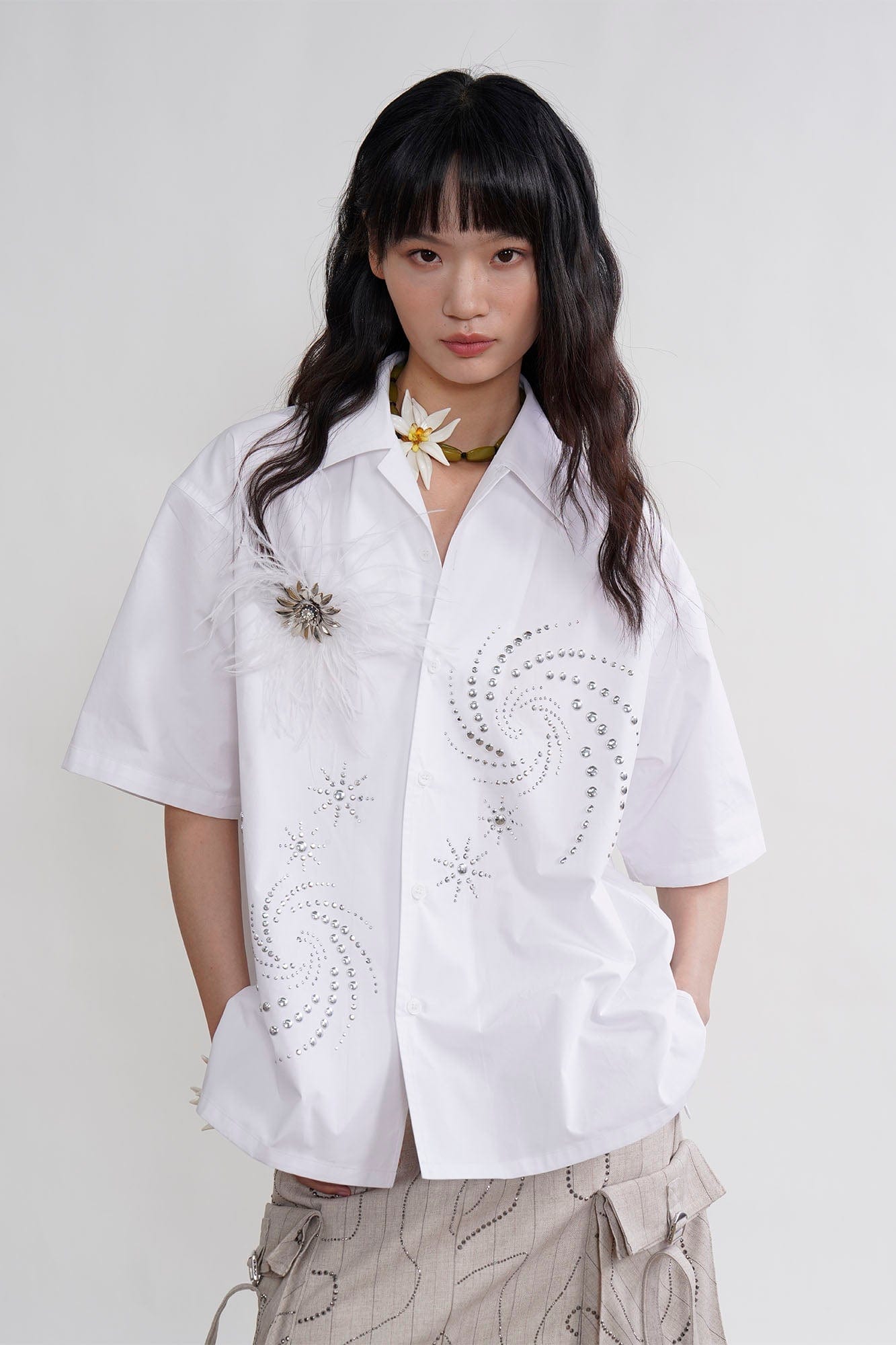 ORAL UTOPIA Spiral Embellished Feather Brooch Half Shirt, premium urban and streetwear designers apparel on PROJECTISR.com, ORAL UTOPIA