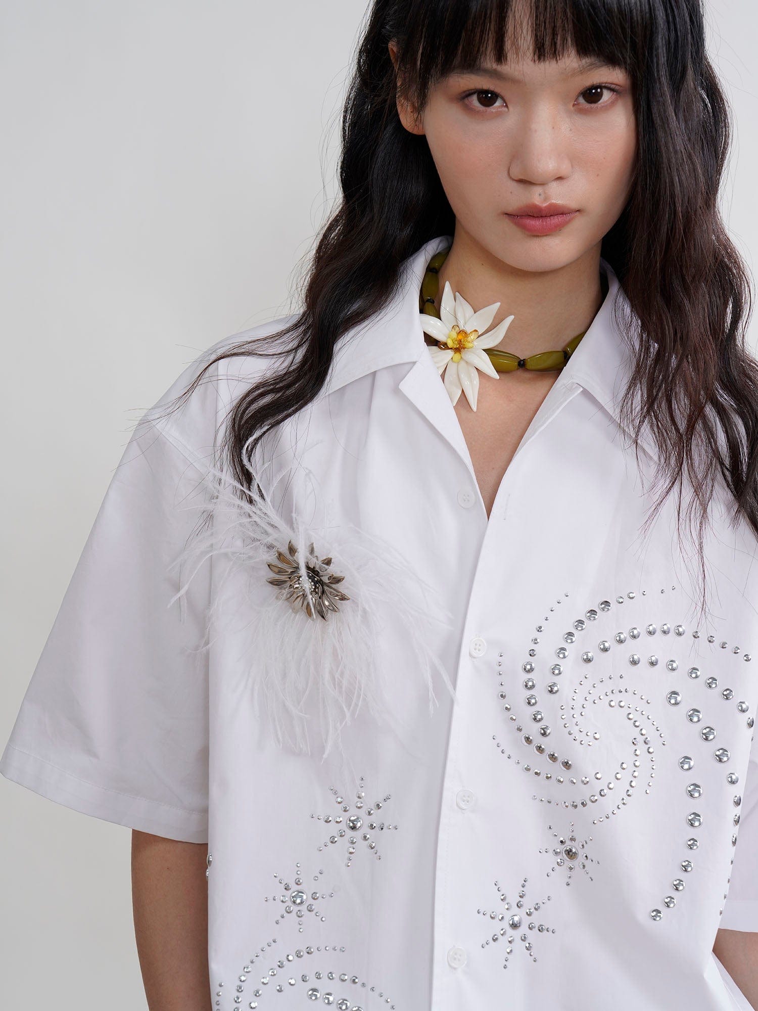 ORAL UTOPIA Spiral Embellished Feather Brooch Half Shirt, premium urban and streetwear designers apparel on PROJECTISR.com, ORAL UTOPIA