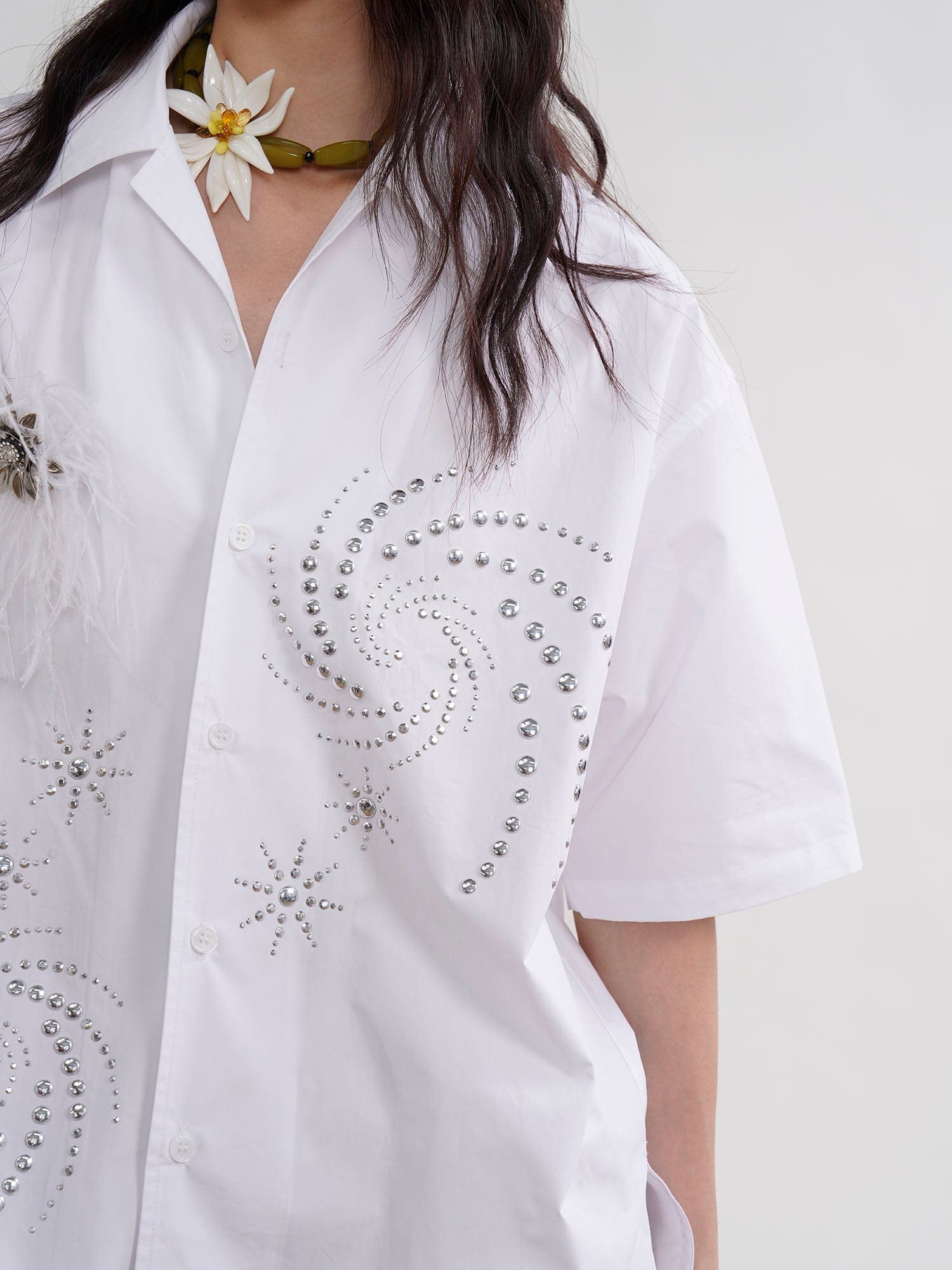 ORAL UTOPIA Spiral Embellished Feather Brooch Half Shirt, premium urban and streetwear designers apparel on PROJECTISR.com, ORAL UTOPIA