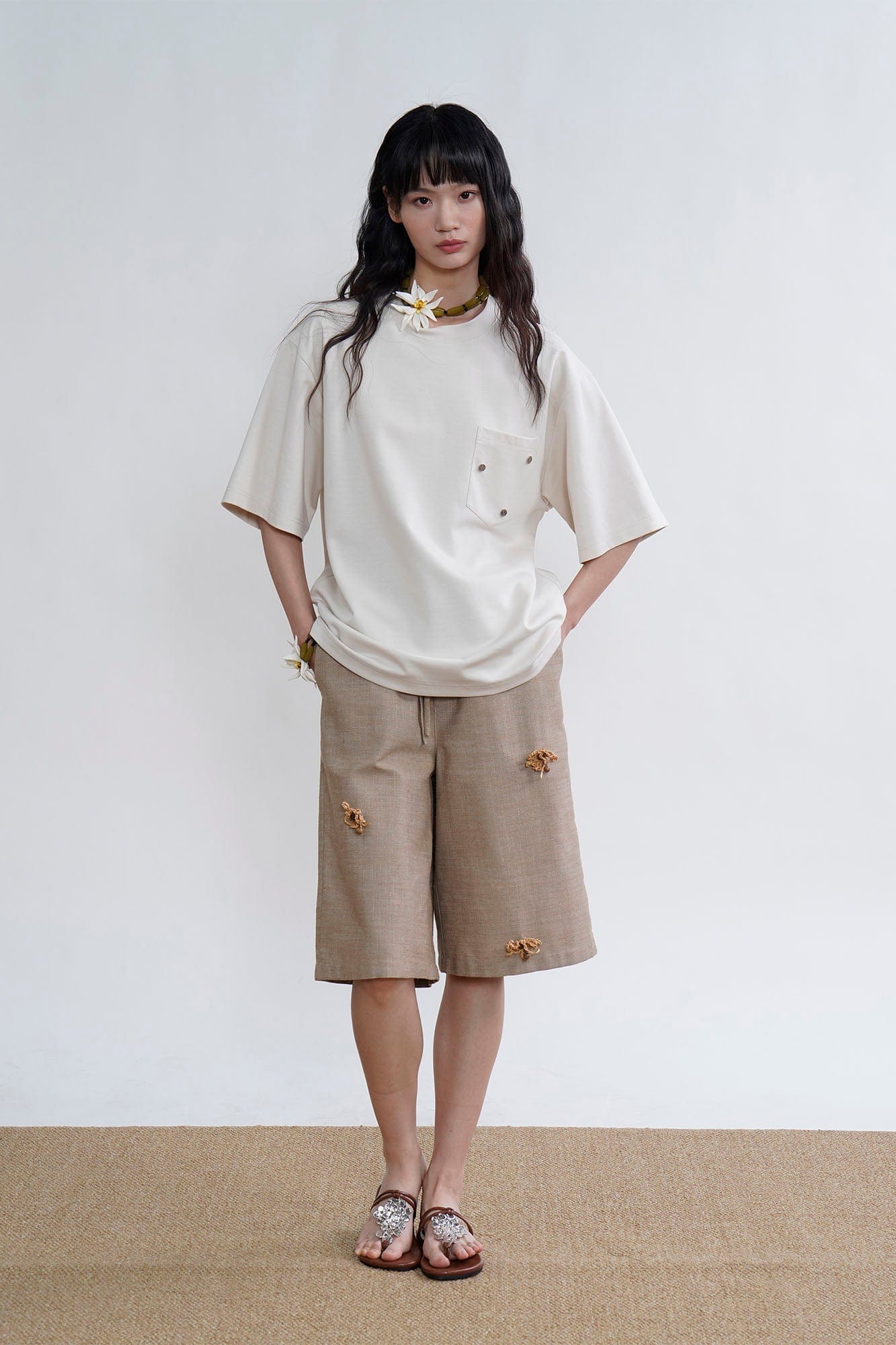 ORAL UTOPIA Tassel Flower Embellished Linen Blend Shorts, premium urban and streetwear designers apparel on PROJECTISR.com, ORAL UTOPIA