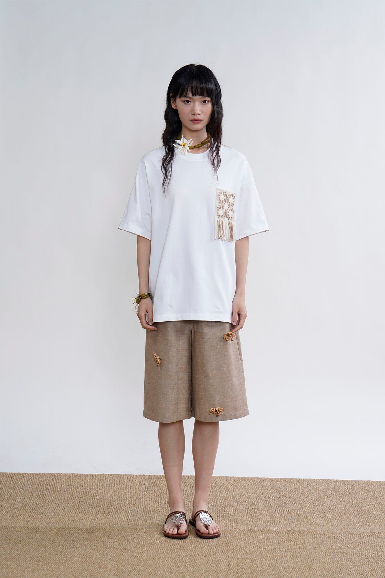 ORAL UTOPIA Tassel Flower Embellished Linen Blend Shorts, premium urban and streetwear designers apparel on PROJECTISR.com, ORAL UTOPIA