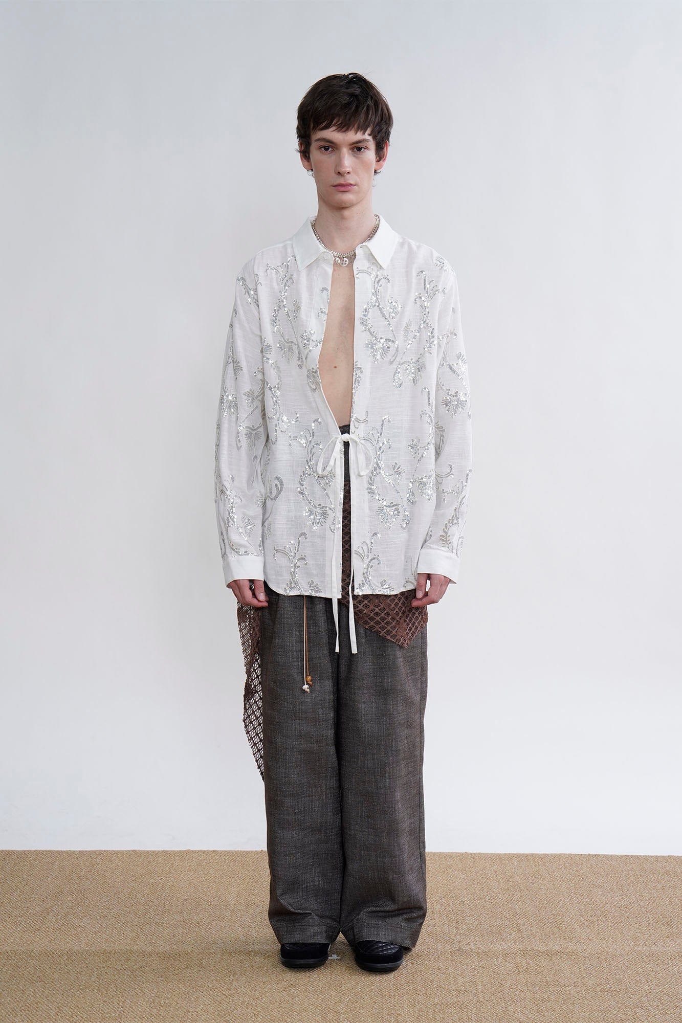 ORAL UTOPIA Ornate Sequin Embroidered Linen-Blended Tie Shirt, premium urban and streetwear designers apparel on PROJECTISR.com, ORAL UTOPIA