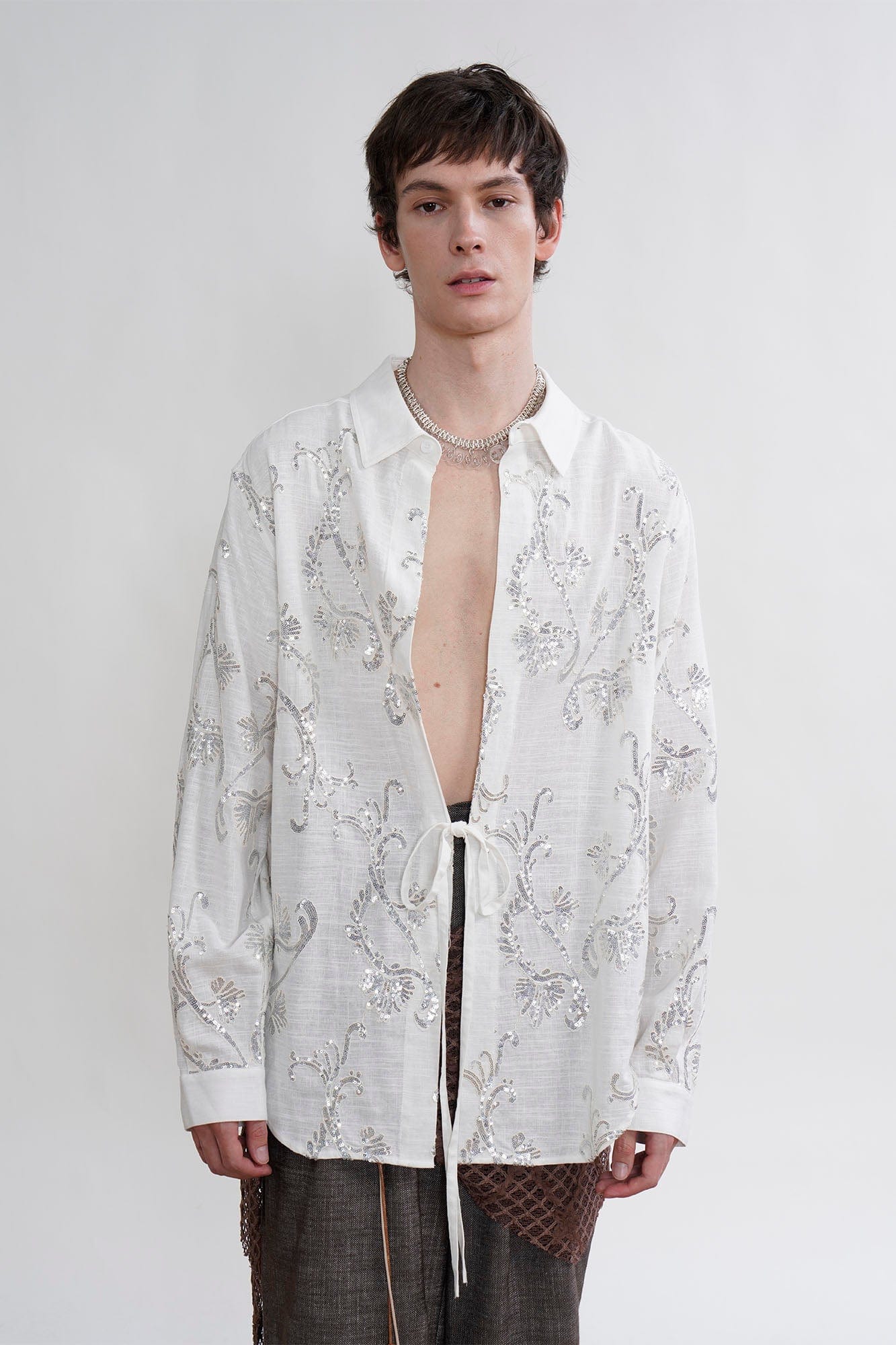 ORAL UTOPIA Ornate Sequin Embroidered Linen-Blended Tie Shirt, premium urban and streetwear designers apparel on PROJECTISR.com, ORAL UTOPIA