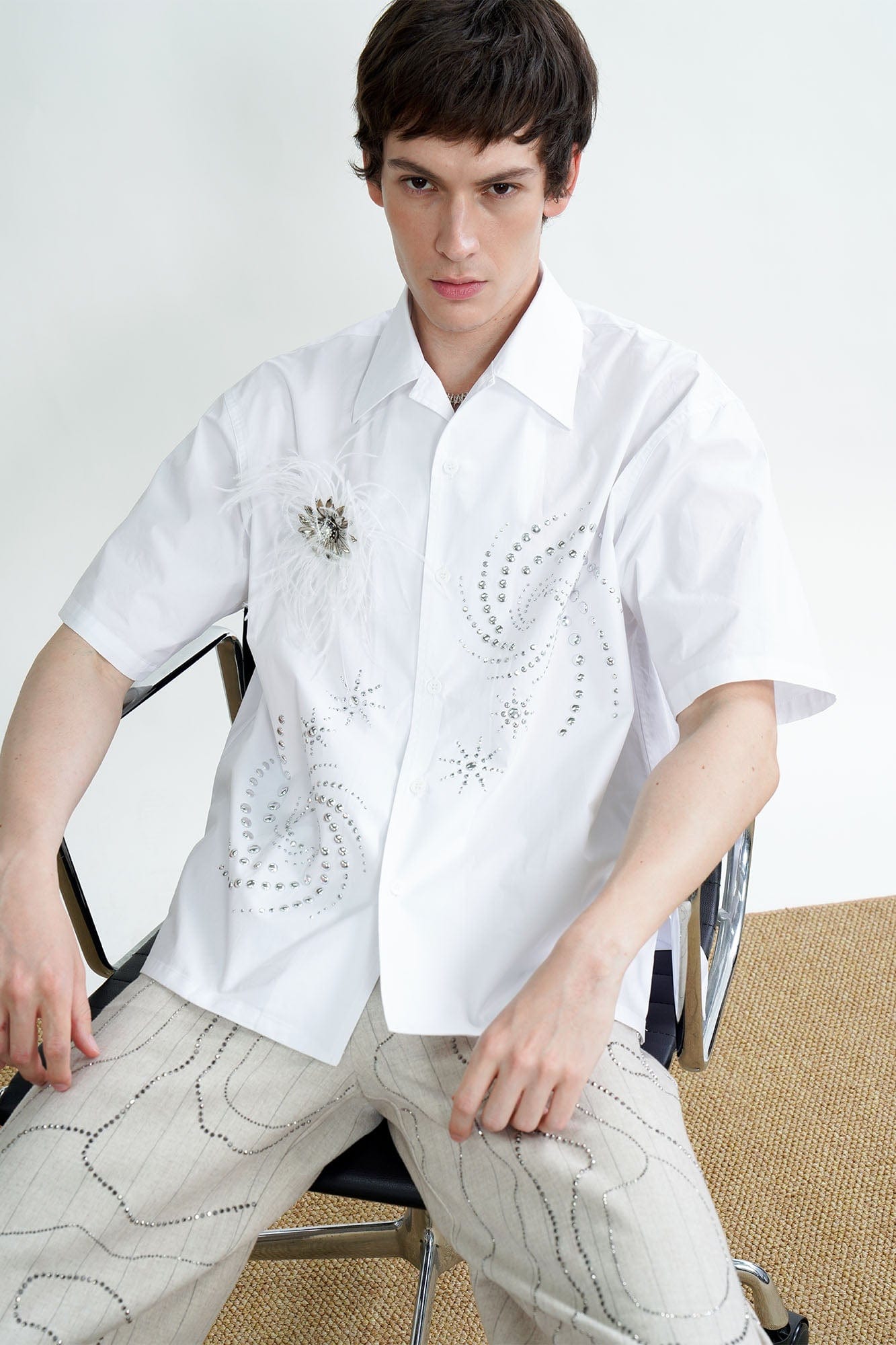 ORAL UTOPIA Spiral Embellished Feather Brooch Half Shirt, premium urban and streetwear designers apparel on PROJECTISR.com, ORAL UTOPIA