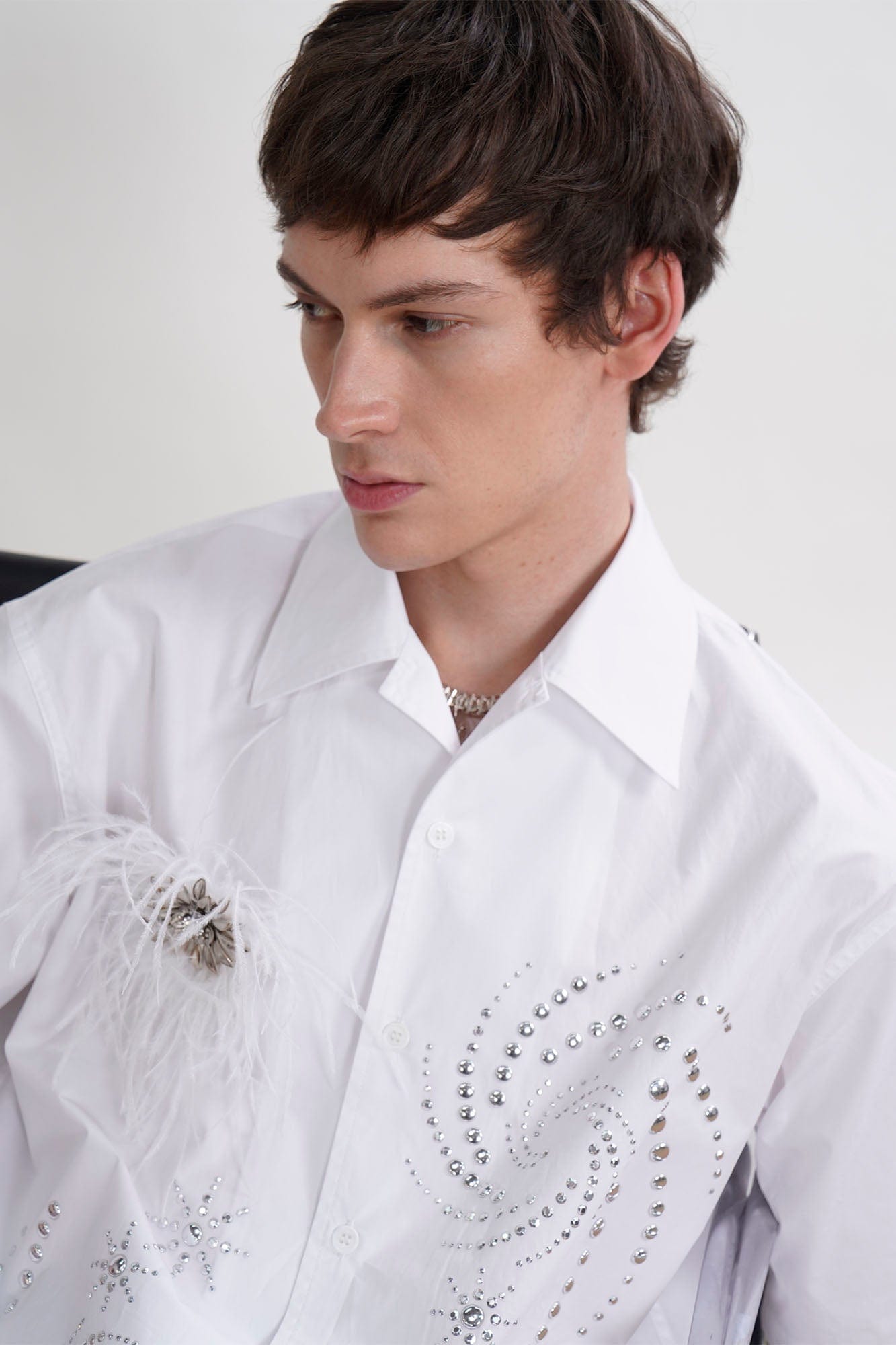 ORAL UTOPIA Spiral Embellished Feather Brooch Half Shirt, premium urban and streetwear designers apparel on PROJECTISR.com, ORAL UTOPIA
