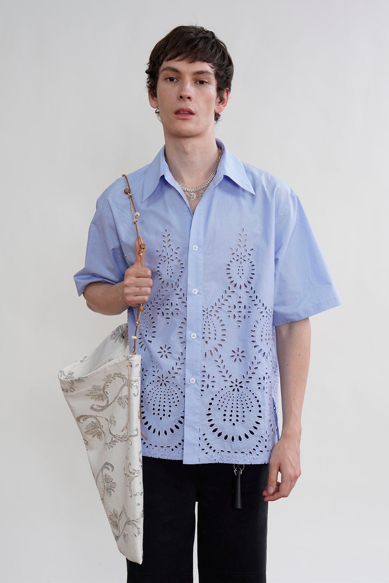 ORAL UTOPIA Geometric Eyelet Embroidery Half Shirt, premium urban and streetwear designers apparel on PROJECTISR.com, ORAL UTOPIA