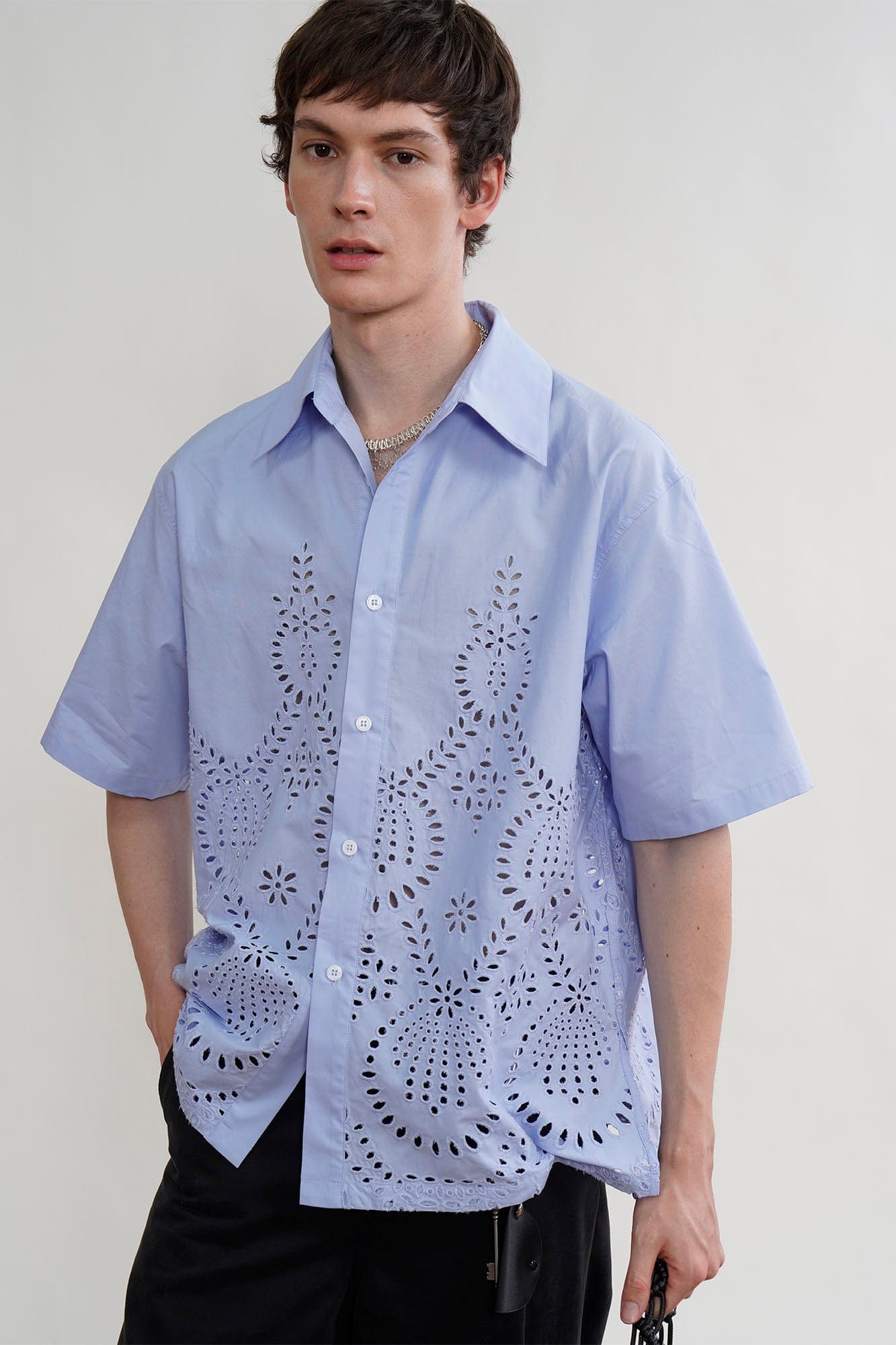 ORAL UTOPIA Geometric Eyelet Embroidery Half Shirt, premium urban and streetwear designers apparel on PROJECTISR.com, ORAL UTOPIA